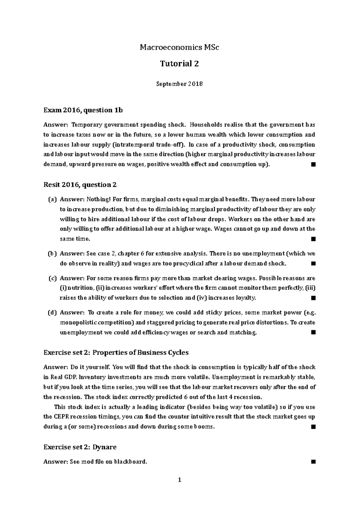 Macroeconomics MSc Tutorial 2 Solutions - Week 2 (Sept 2018) - Studeersnel