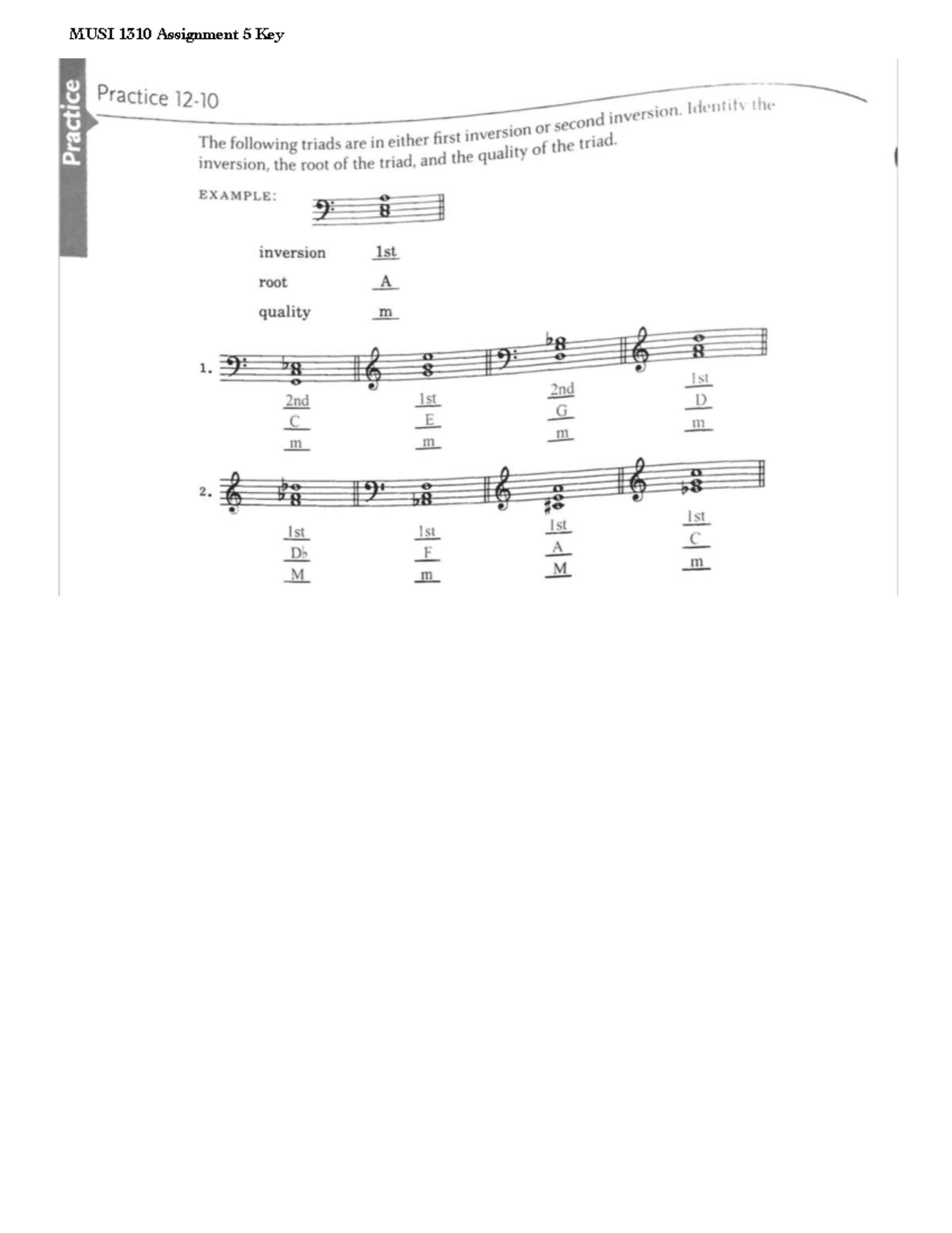 MUSI 1310 Assignment 5 Key - Triad Inversions Practice - Studocu
