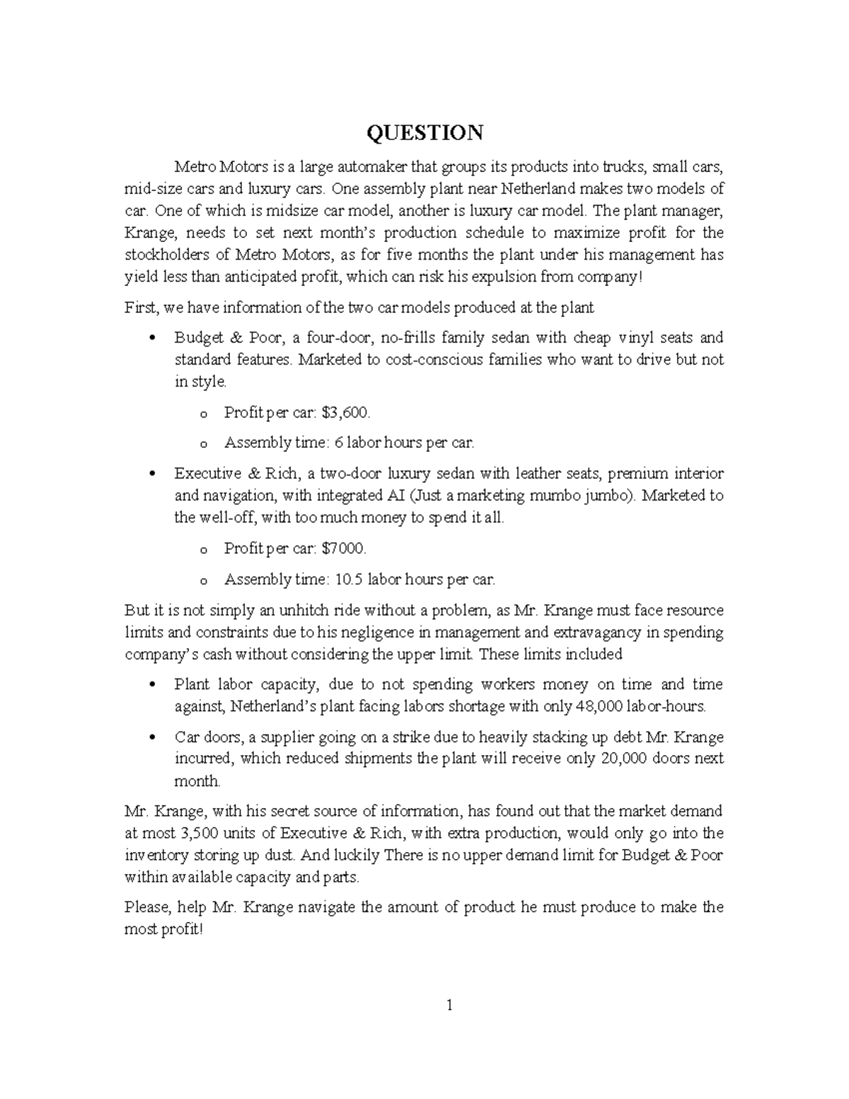 Metro Motors Case Study: Production Optimization for Profit ...