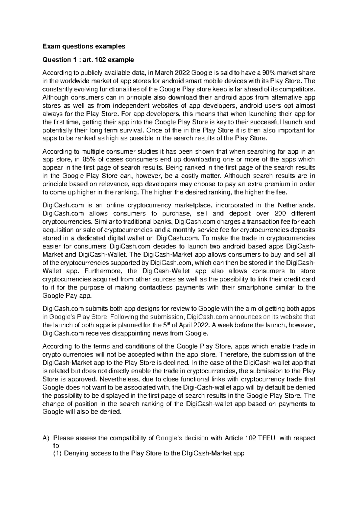 Exam Questions Examples: Article 101 & 102 TFEU Analysis - Studeersnel