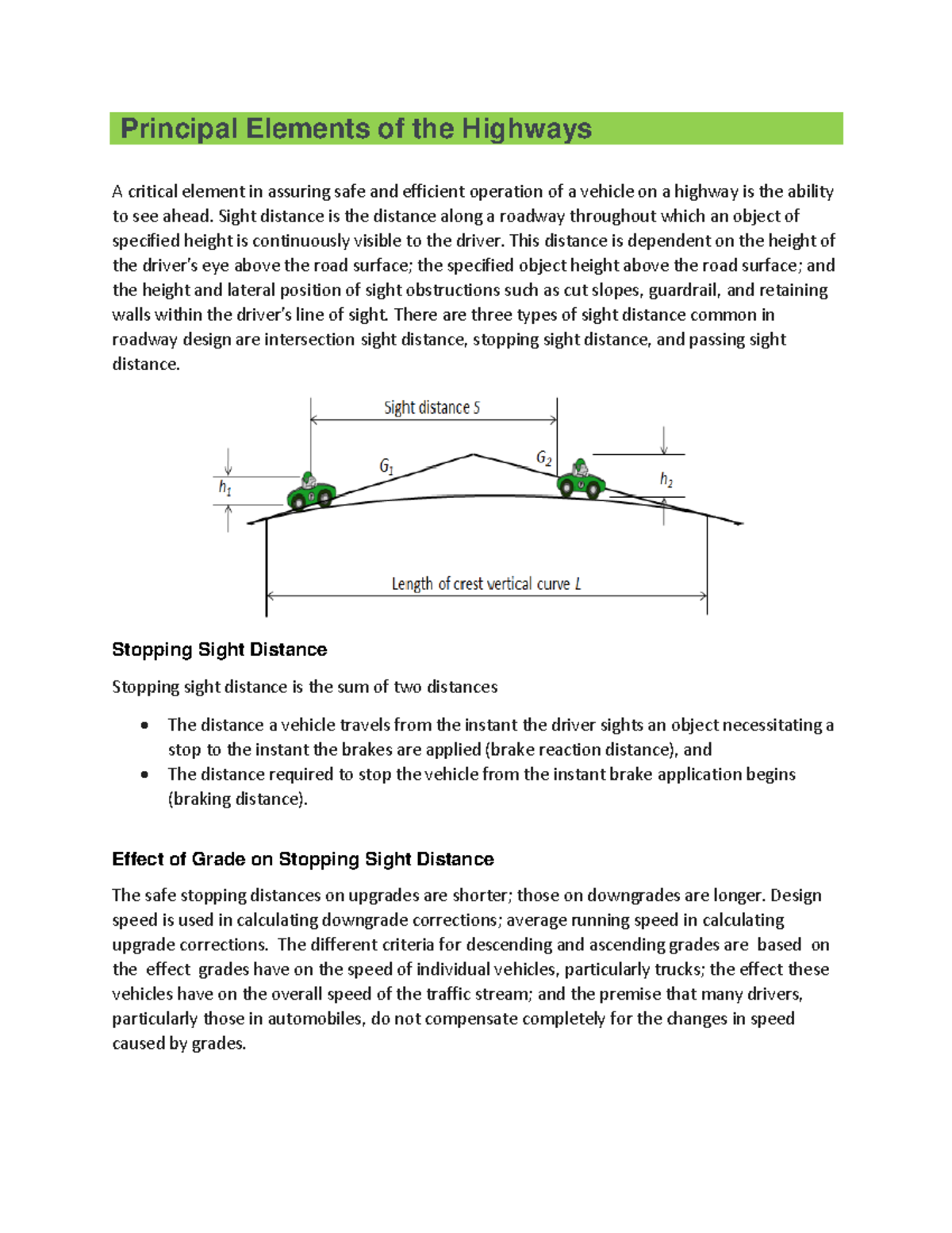 Principal Elements of the Highways - Sight distance is the distance ...