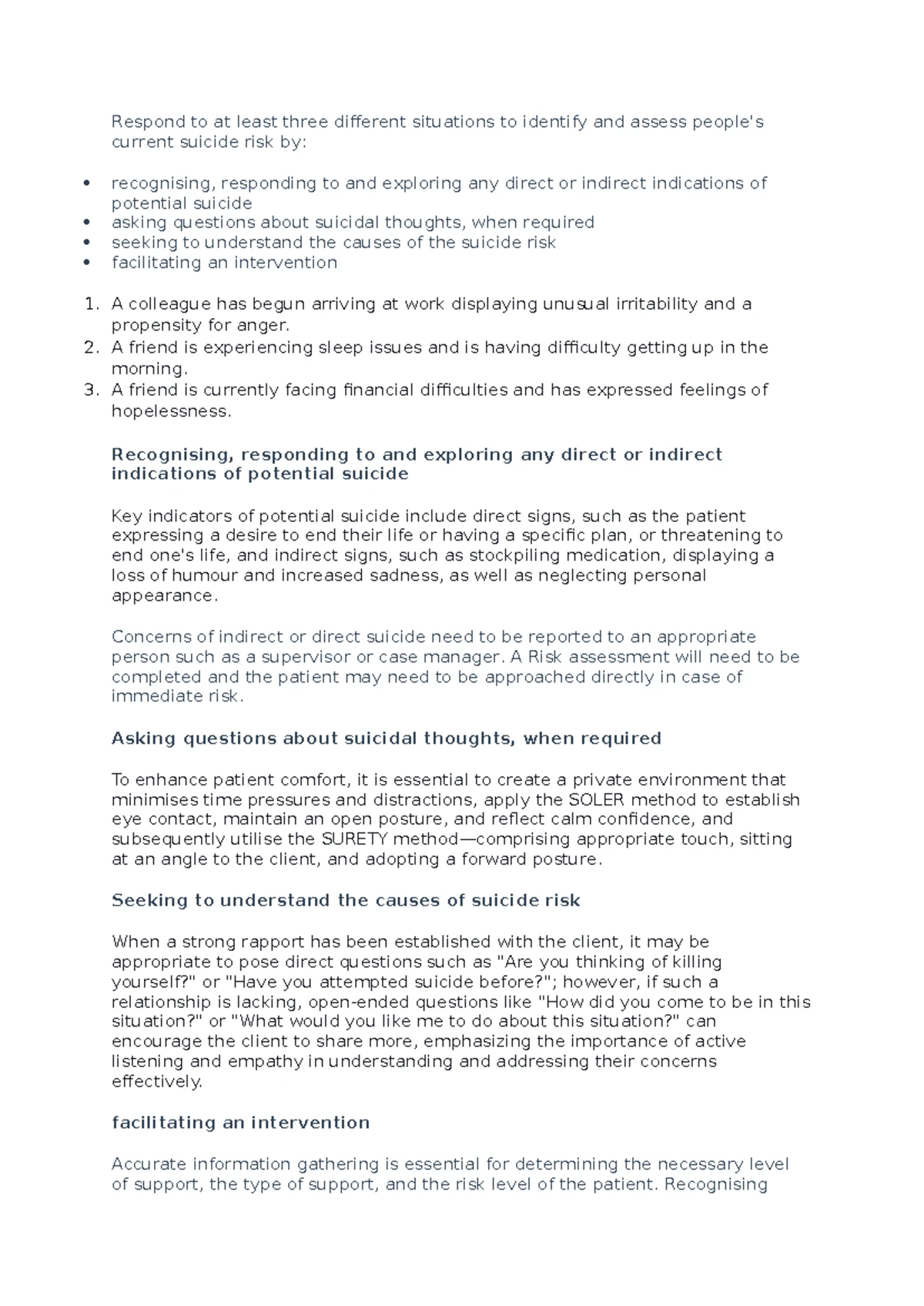 Unit CHCCC 003: Assessing and Managing Suicide Risk - Task Guide - Studocu