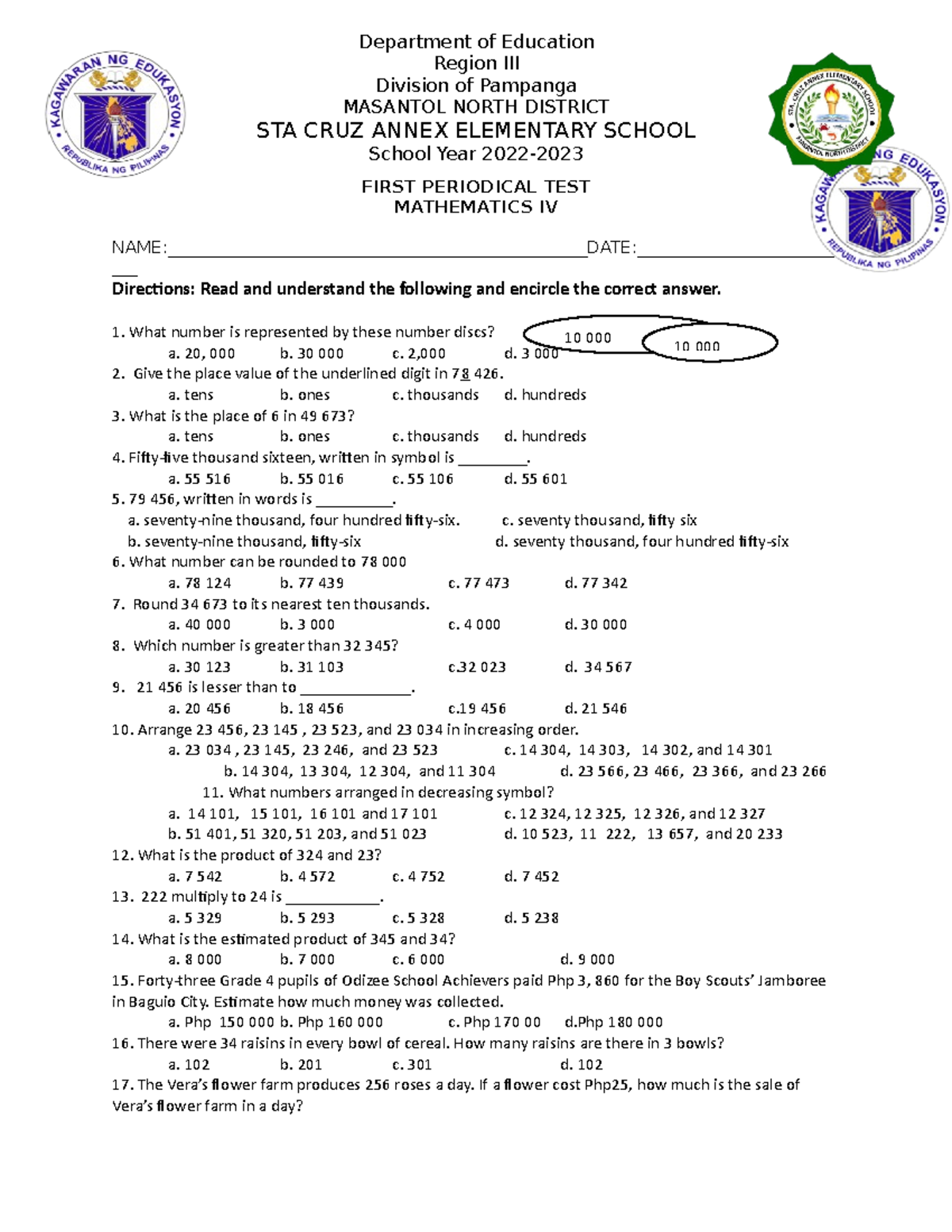 Final Exam PT MATH 4 Q1 - Mathematics IV Test Questions - Studocu