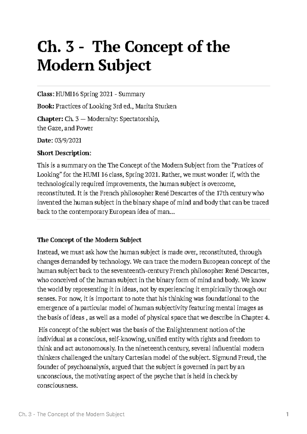 HUMI16 Spring 2021 - Summary of Ch. 3: The Modern Subject Concept - Studocu
