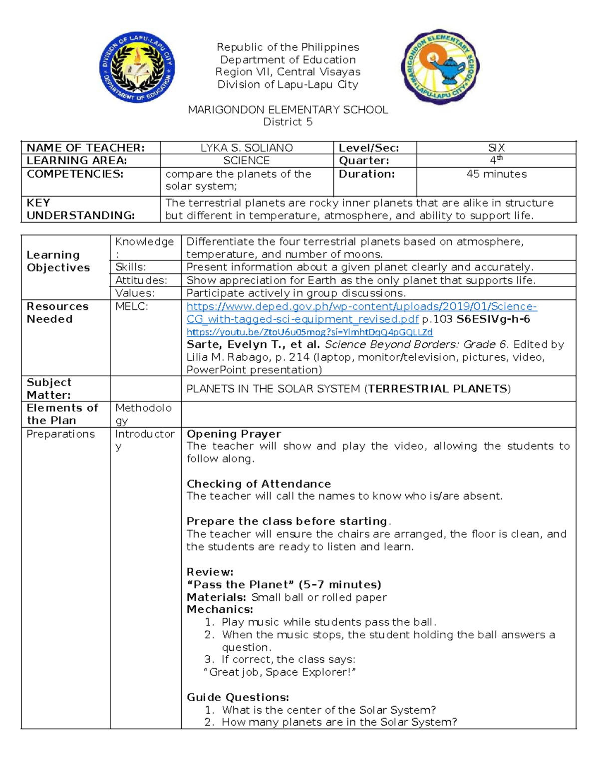 LP Science 6 - Lesson Plan on Terrestrial Planets in the Solar System ...