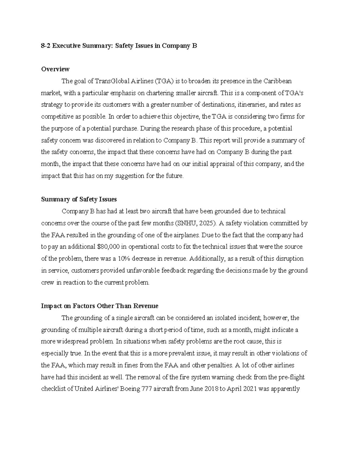 MBA 620: Executive Summary on Safety Concerns in Company B - Studocu