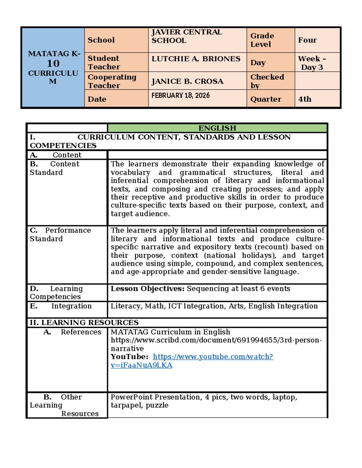 MATATAG 10 - Grade 4 English Lesson Plan and Curriculum Guide - Studocu