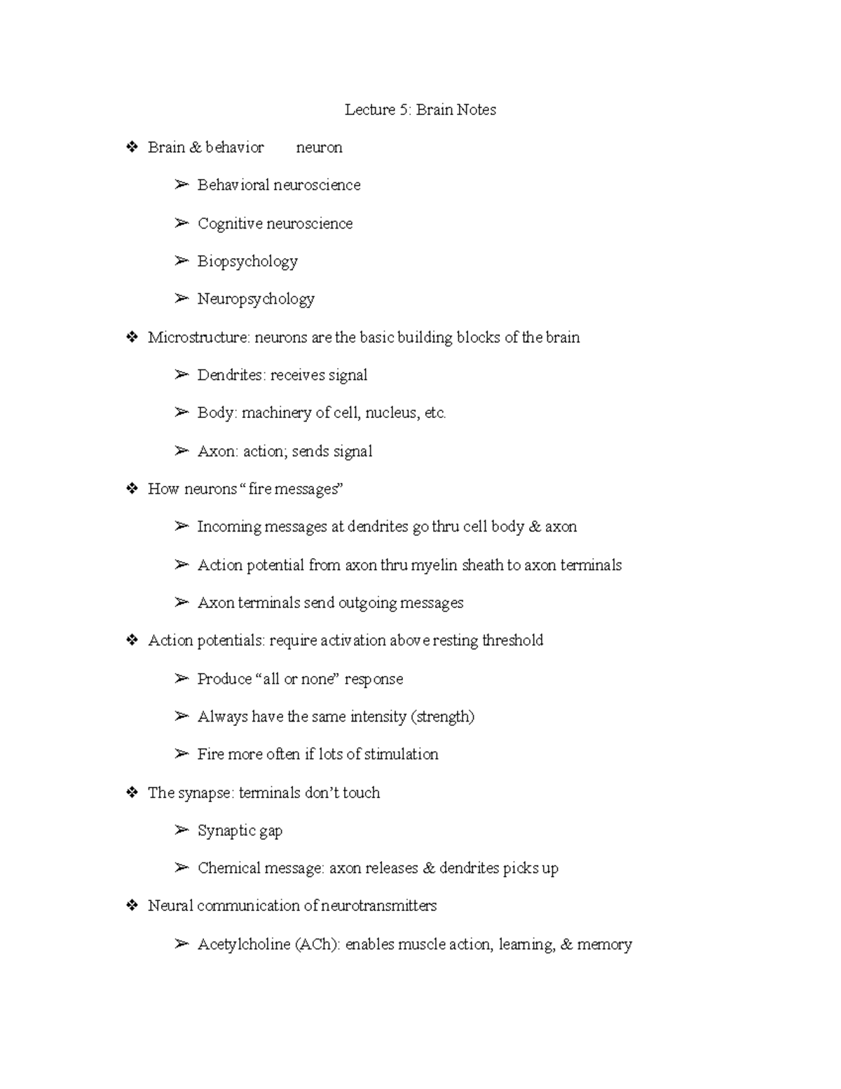 L5 Brain Notes - Lecture 5: Brain Notes Brain & behavior neuron ...