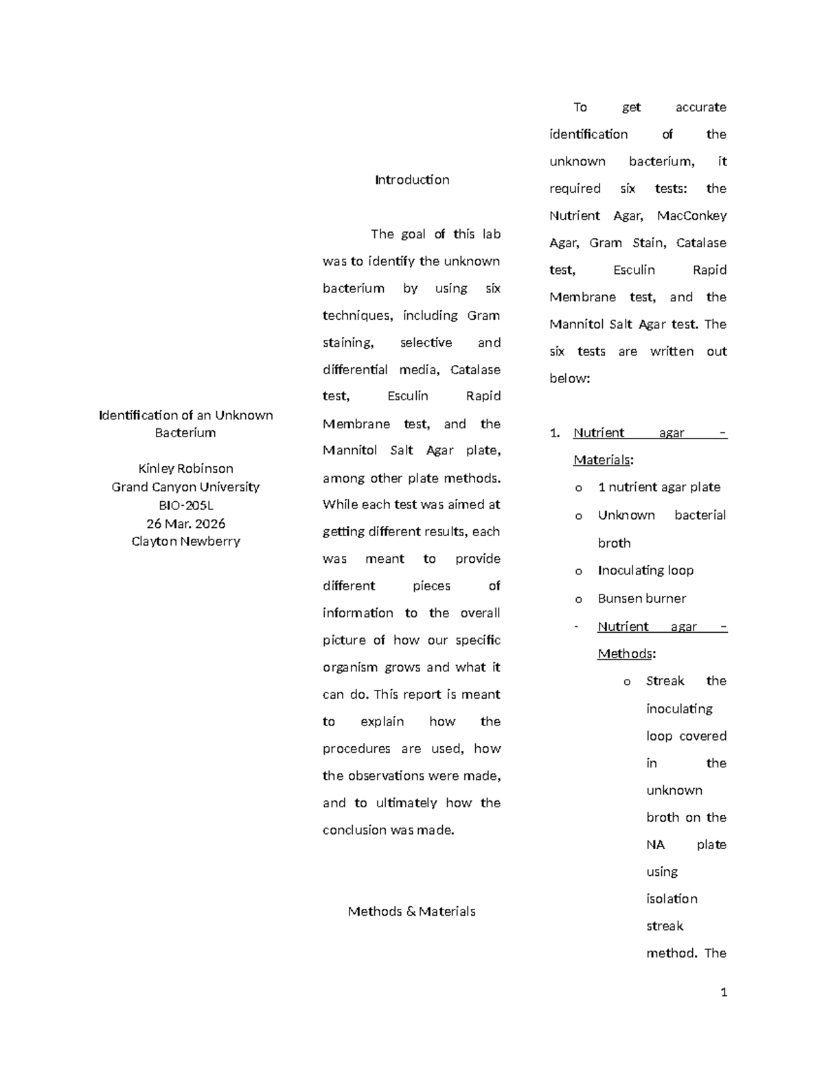 BIO-205L Formal Lab Report: Identification of Unknown Bacterium - Studocu