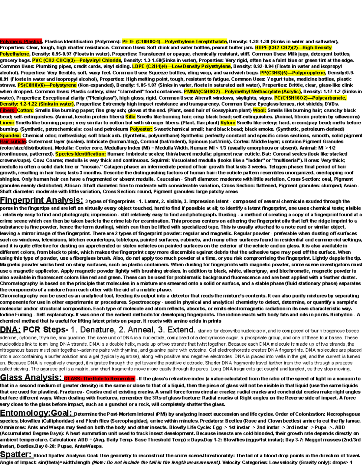 Forensics Study Cheat Sheet: Polymers, Fingerprints, DNA & Glass ...