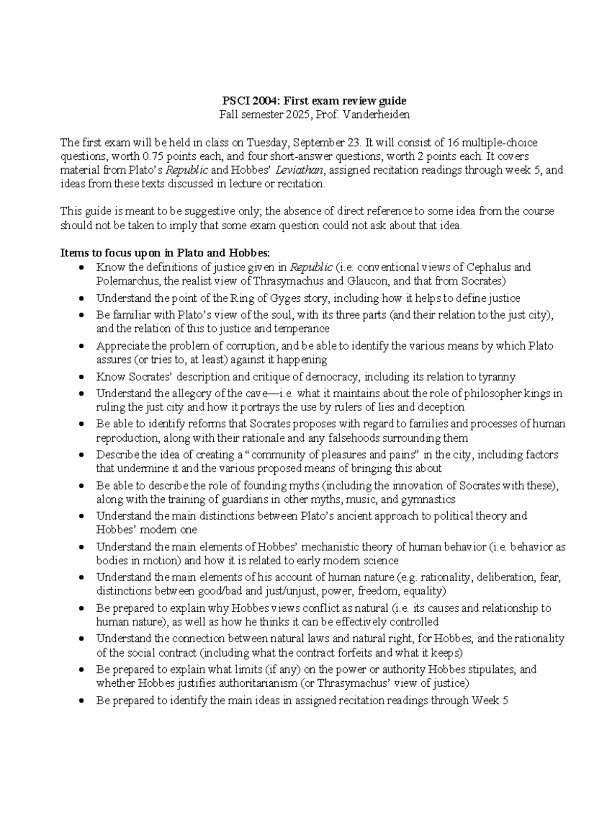 PSCI 2004: First Exam Review Guide for Plato & Hobbes Analysis - Studocu