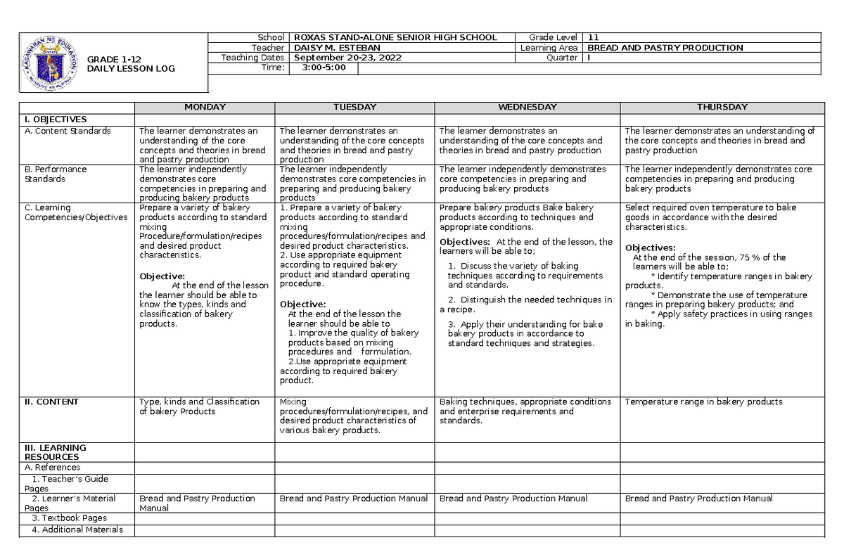 GRADE 11 BREAD AND PASTRY PRODUCTION - WEEK 5 LESSON LOG - Studocu