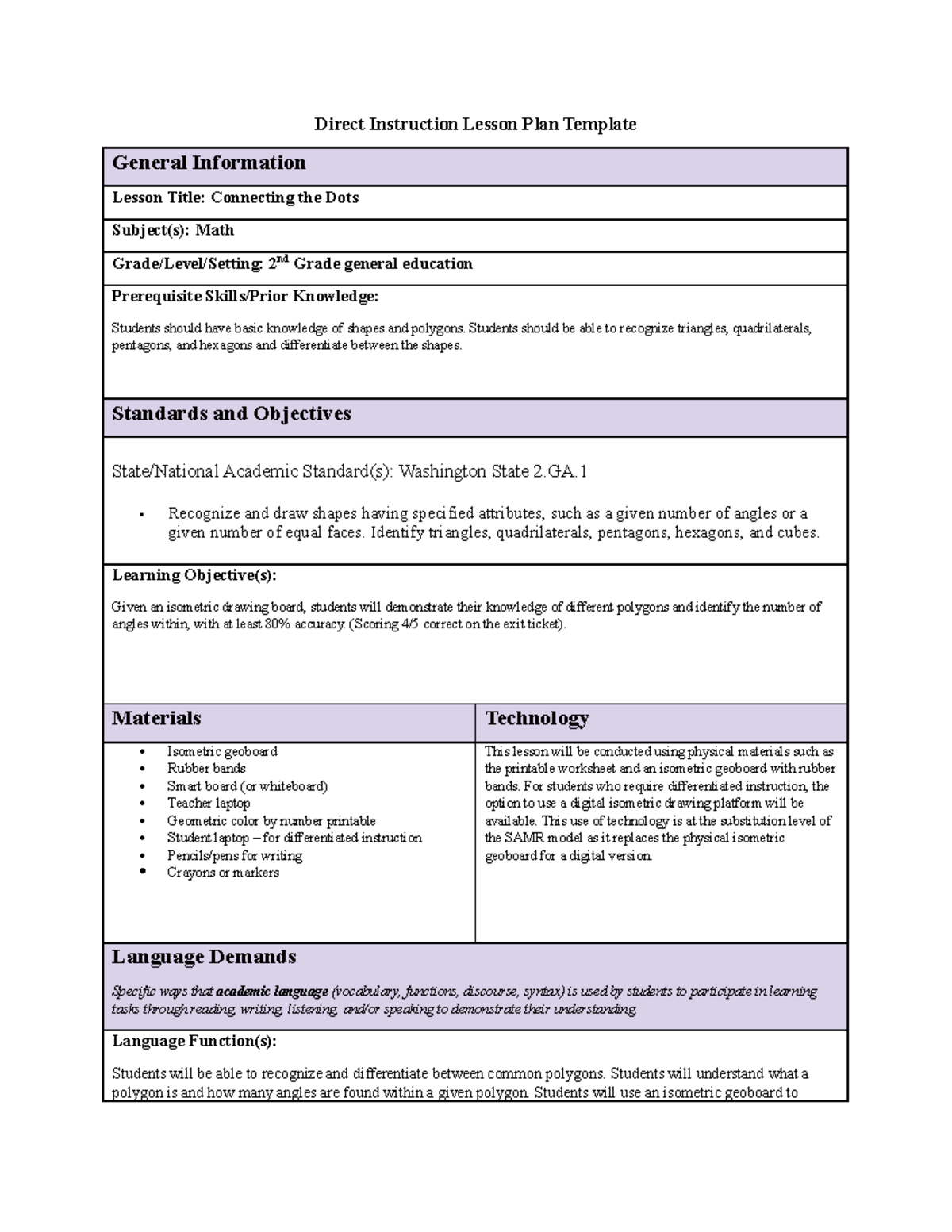 C381 Lesson Plan: Connecting Shapes and Polygons for 2nd Grade - Studocu