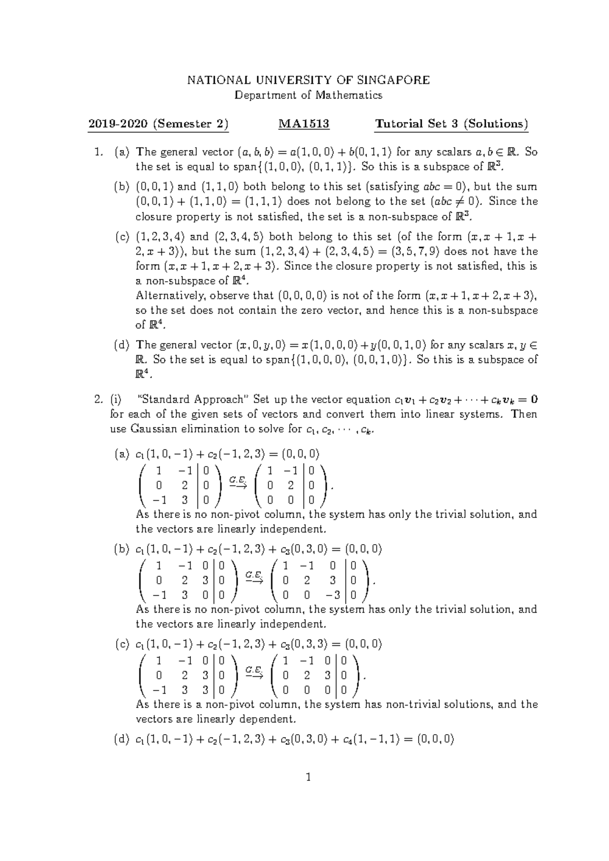 MA1513 Tutorial Set 3 Solutions and Key Concepts in Linear Algebra ...