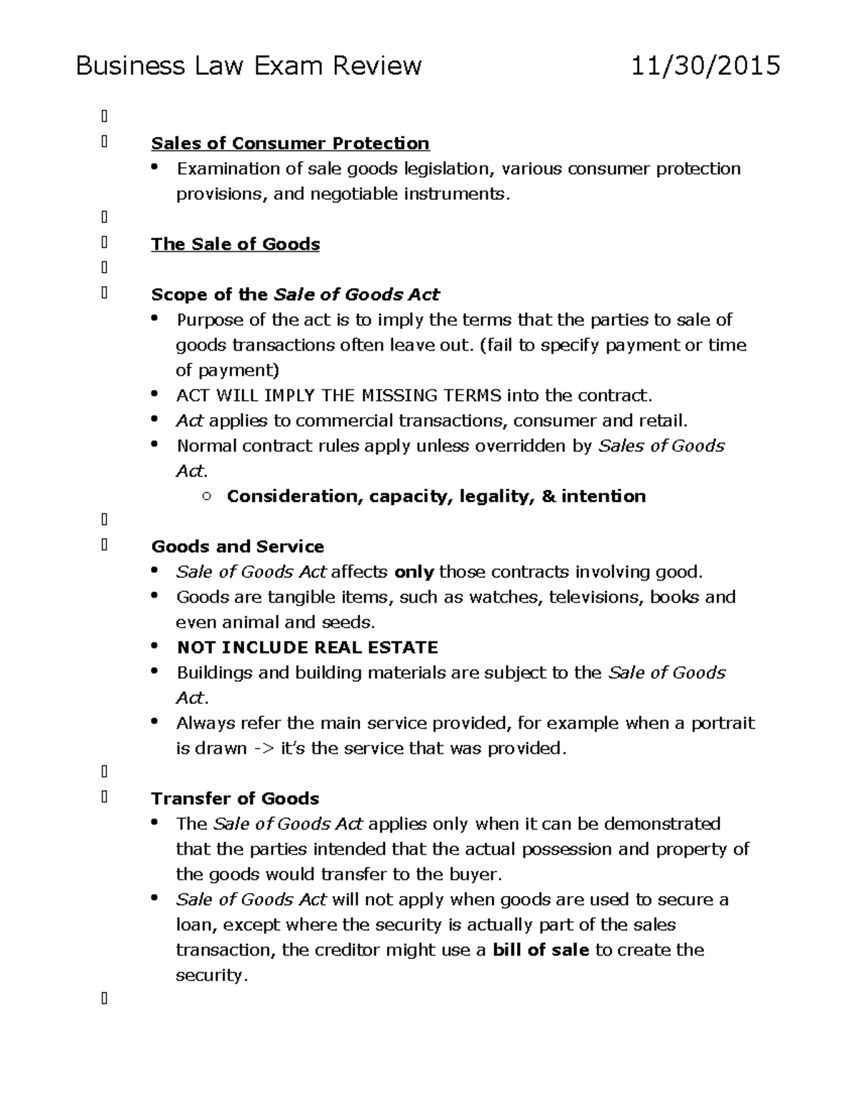 Business Law (BL101) Final Exam Review Notes - Studocu