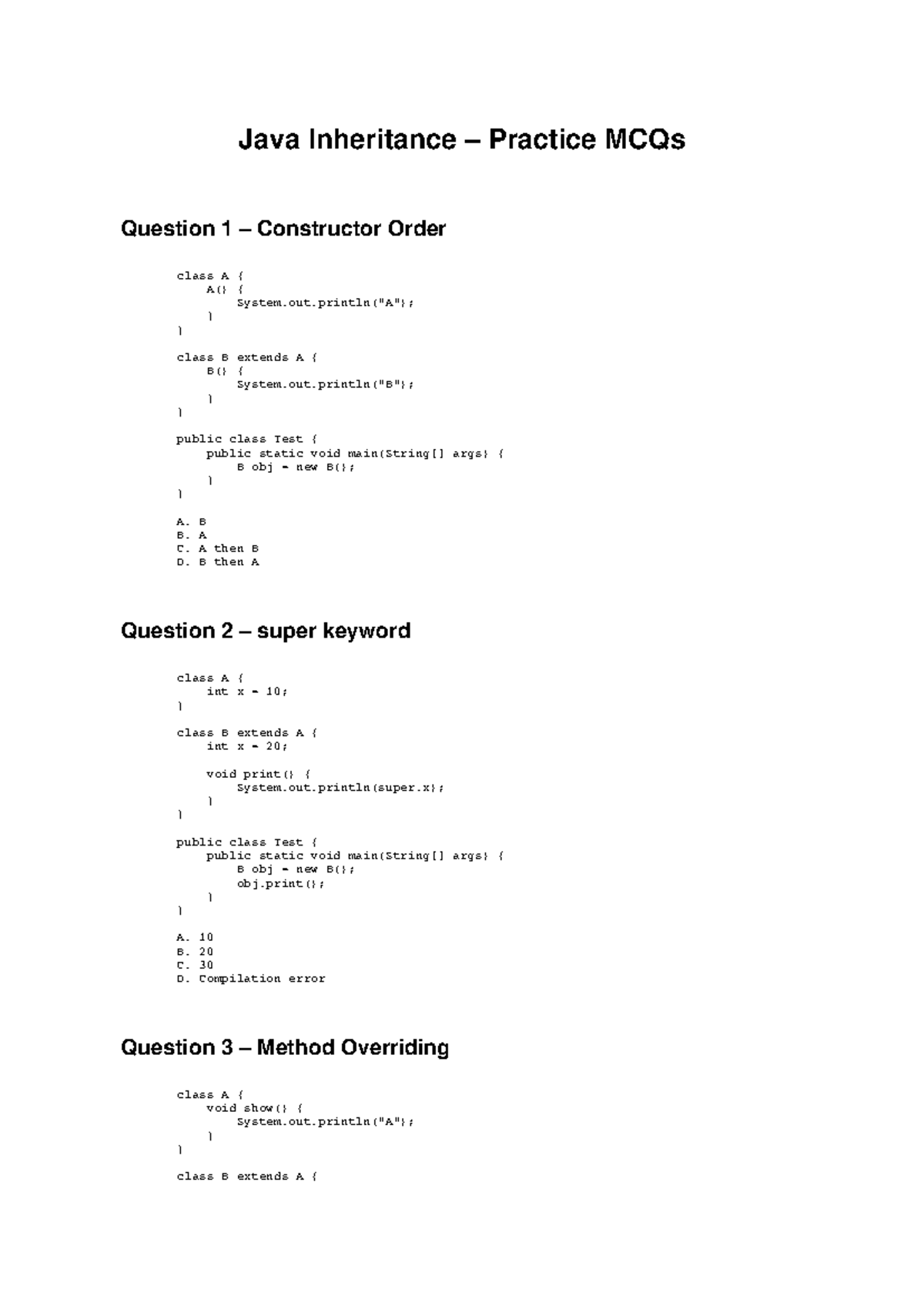 Java Inheritance MCQs - Code Tracing Practice - Studocu