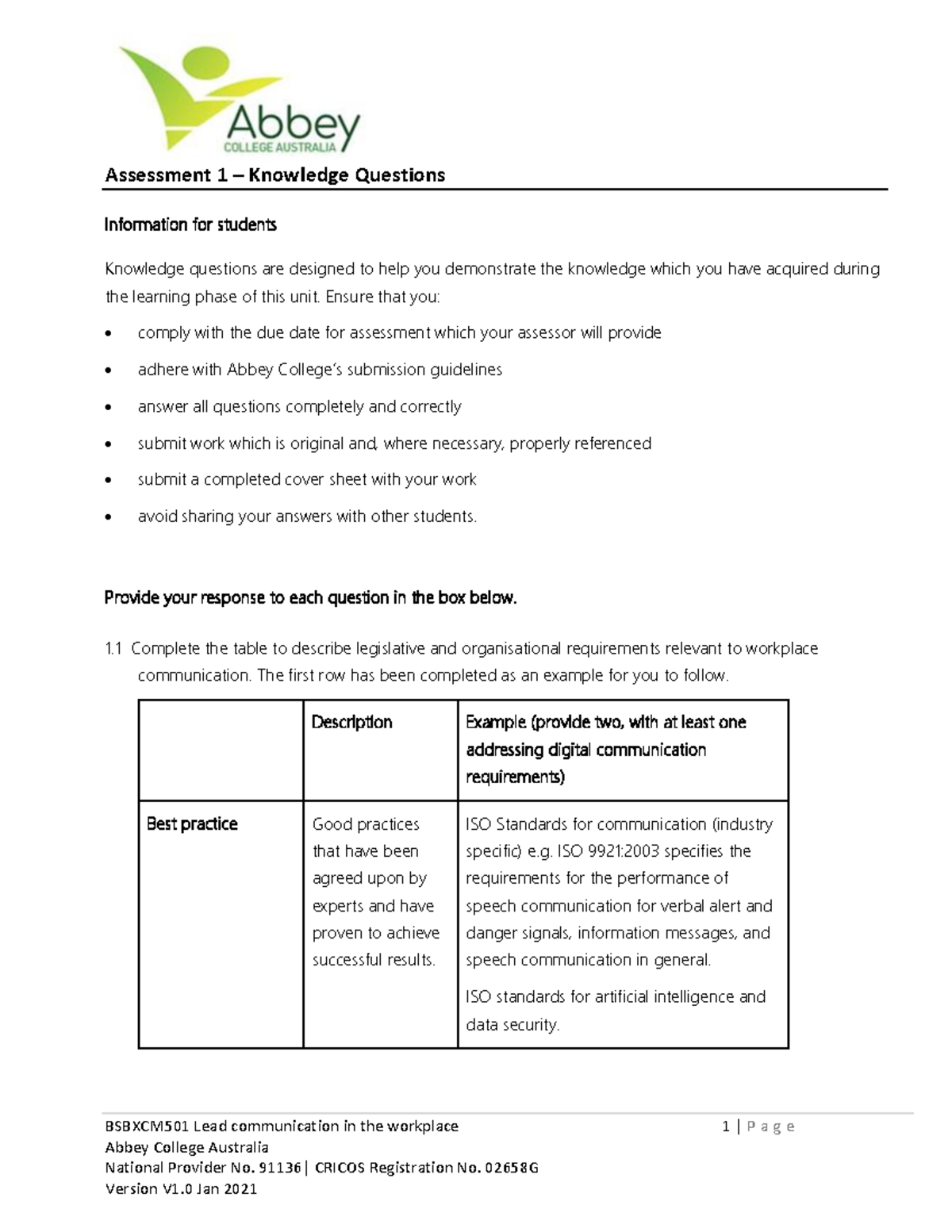 BSBXCM501 Assessment Task 1: Knowledge Questions & Guidelines - Studocu