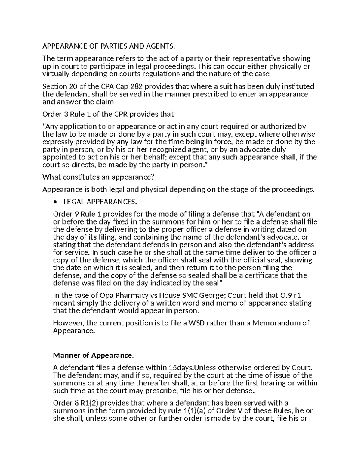 Civil Procedure 1 - APPEARANCE OF PARTIES AND AGENTS. The term ...