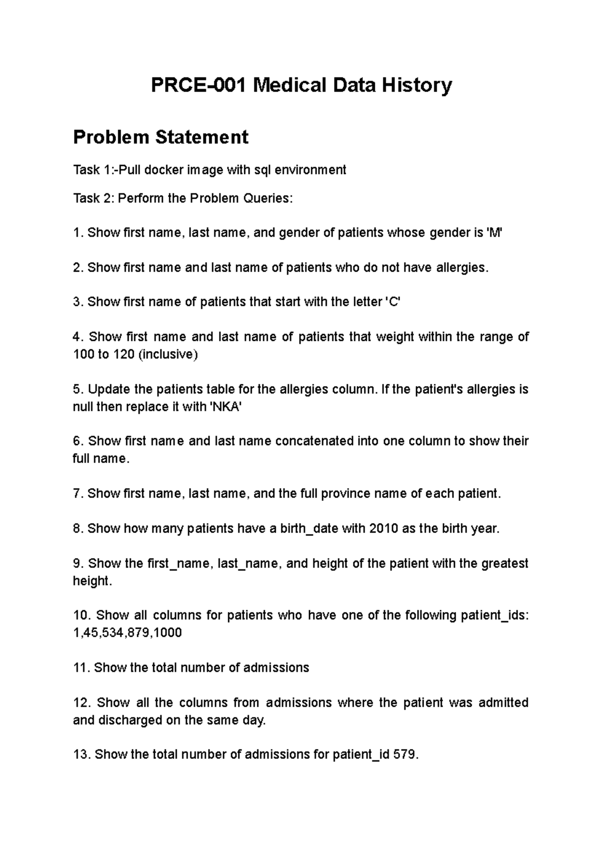 PRCE-001 Medical Data History: SQL Queries & Challenges Report - Studocu