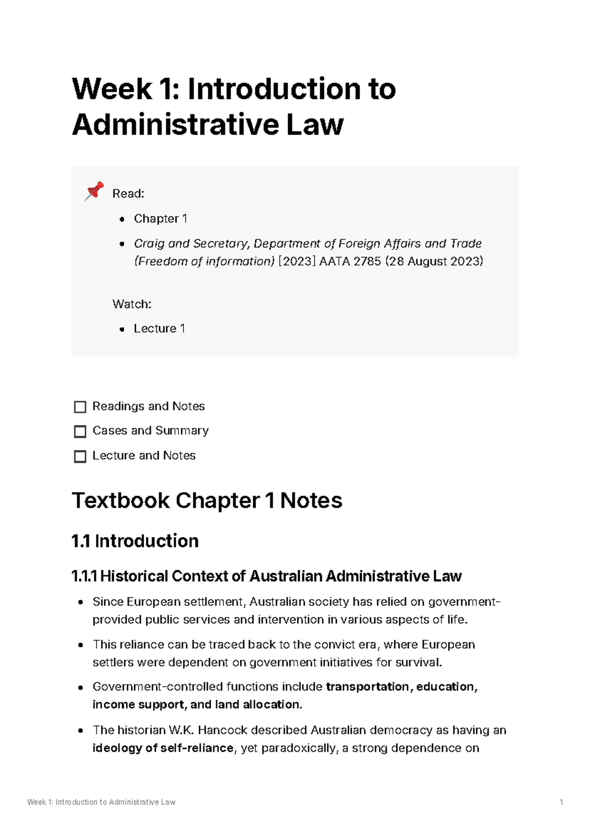 Admin Week 1 - Intro to Administrative Law Lecture Notes - Studocu