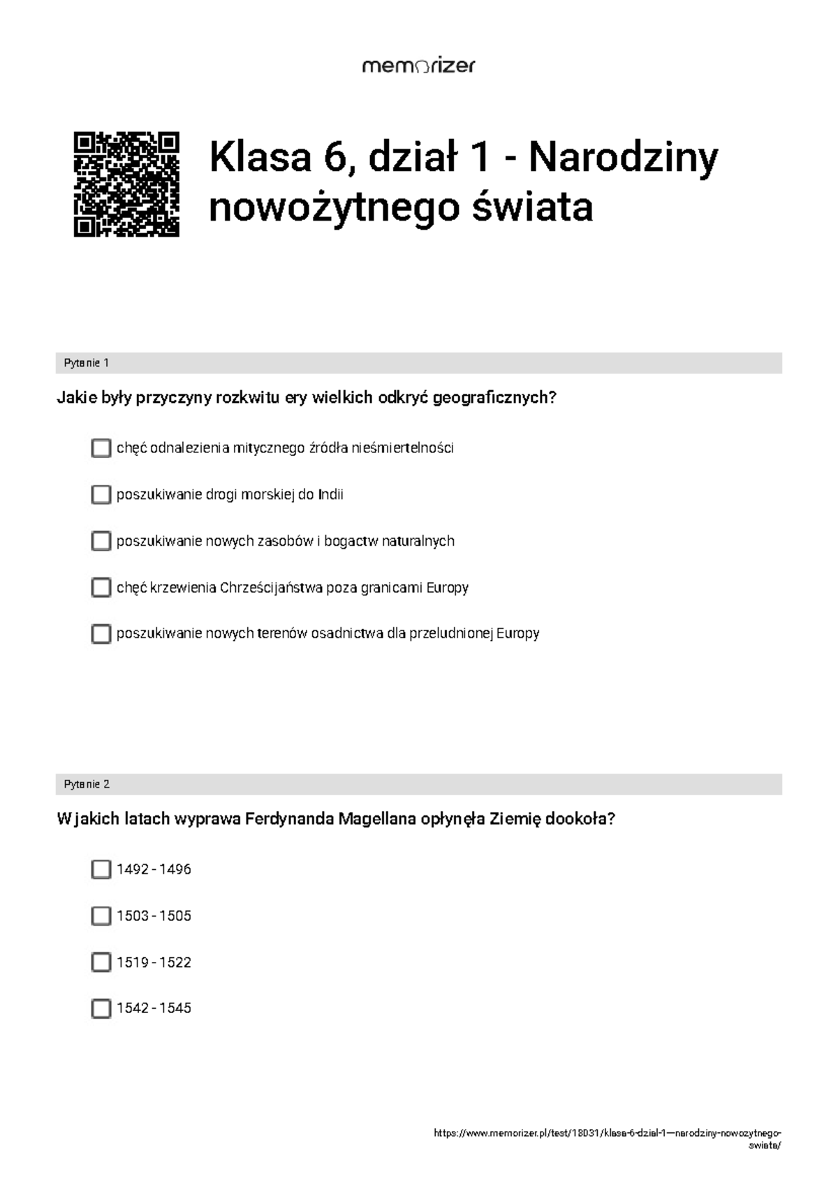 Klasa 6, dział 1 - Narodziny nowożytnego świata - Pytania i Odpowiedzi