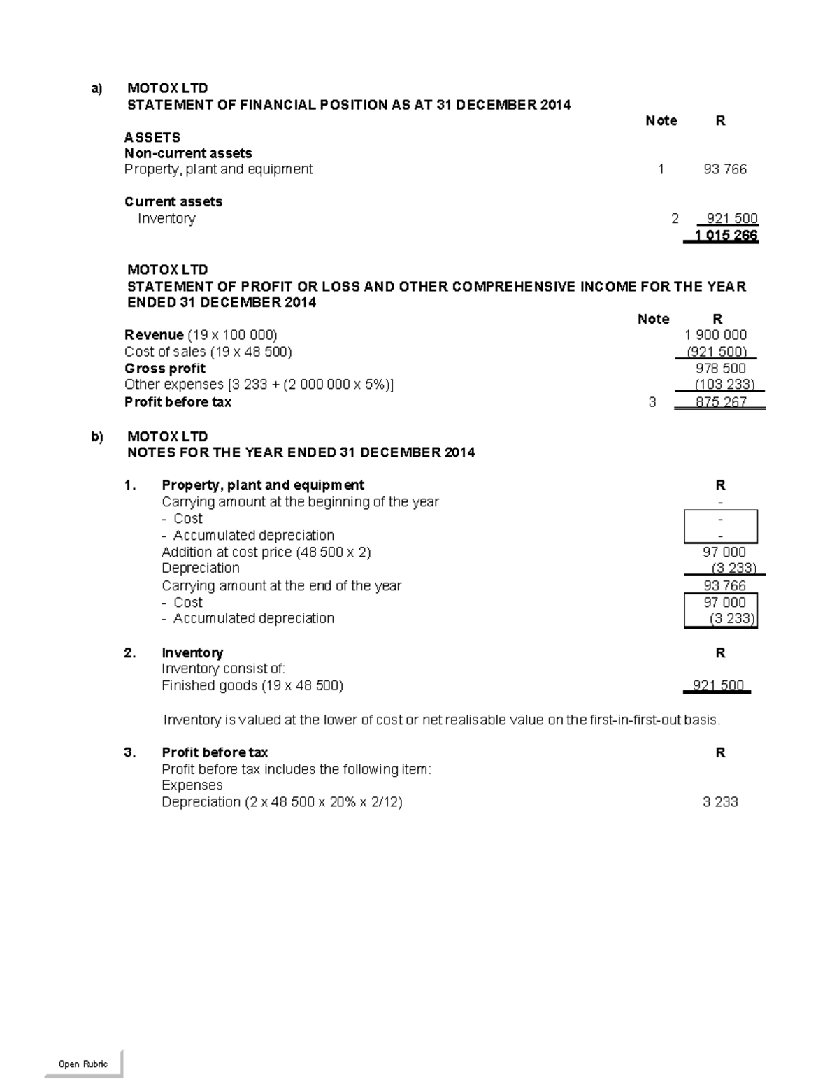 MOTOX LTD Financial Statements & Notes for 2014 - Practice Material ...