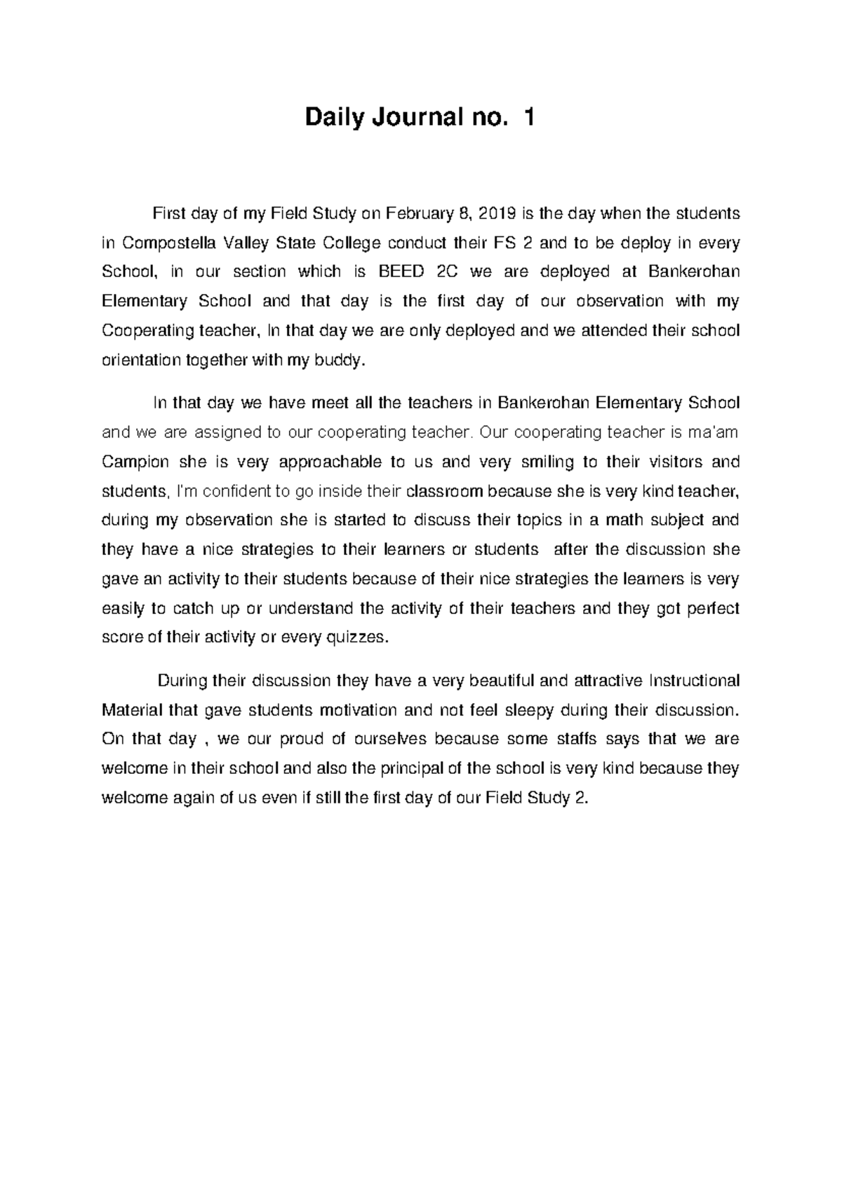 BEED 2C Field Study 2: Reflective Daily Journal Entries - Studocu