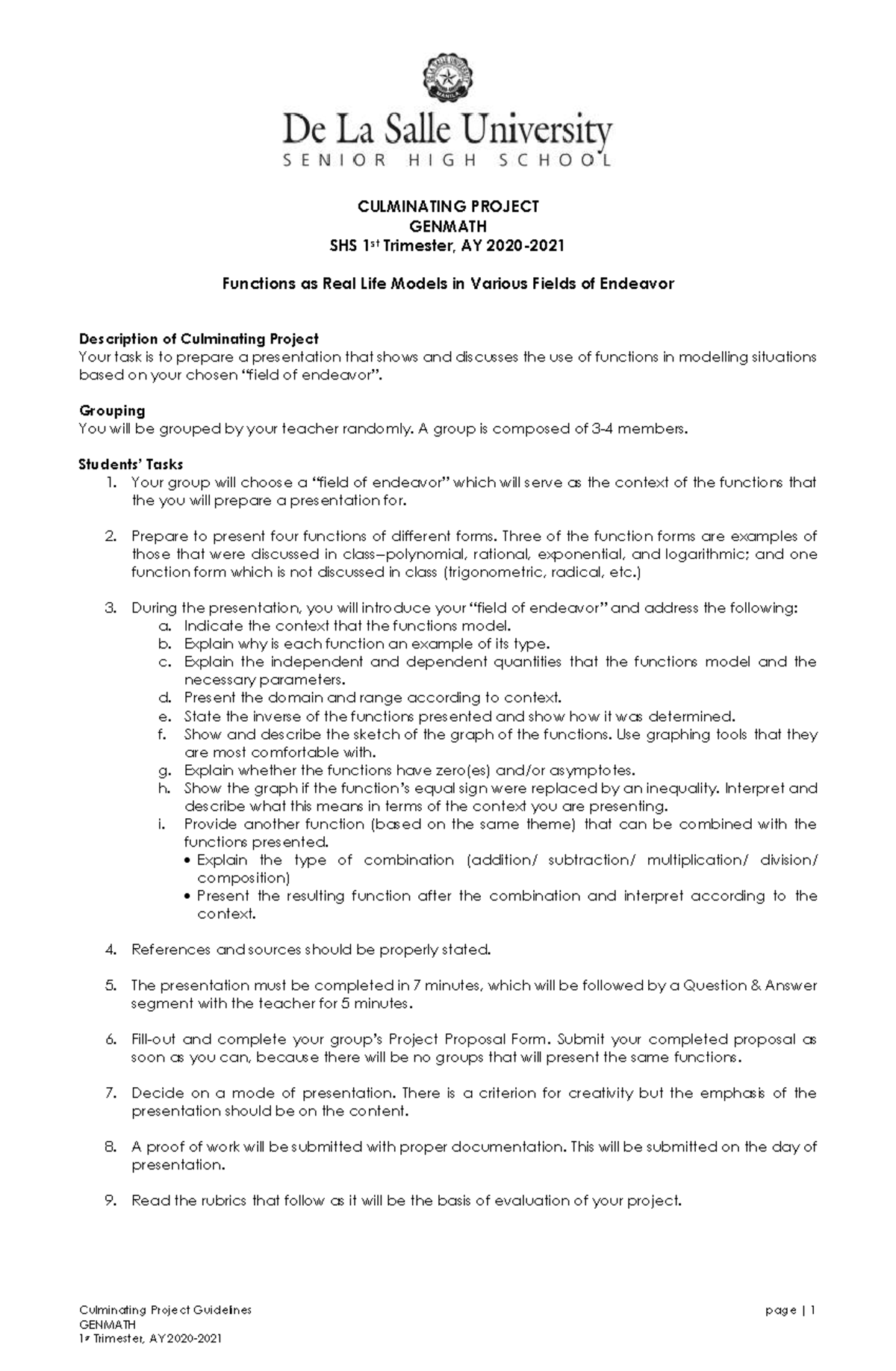 Culminating Project Guidelines for GENMATH SHS 1st Trimester - Studocu