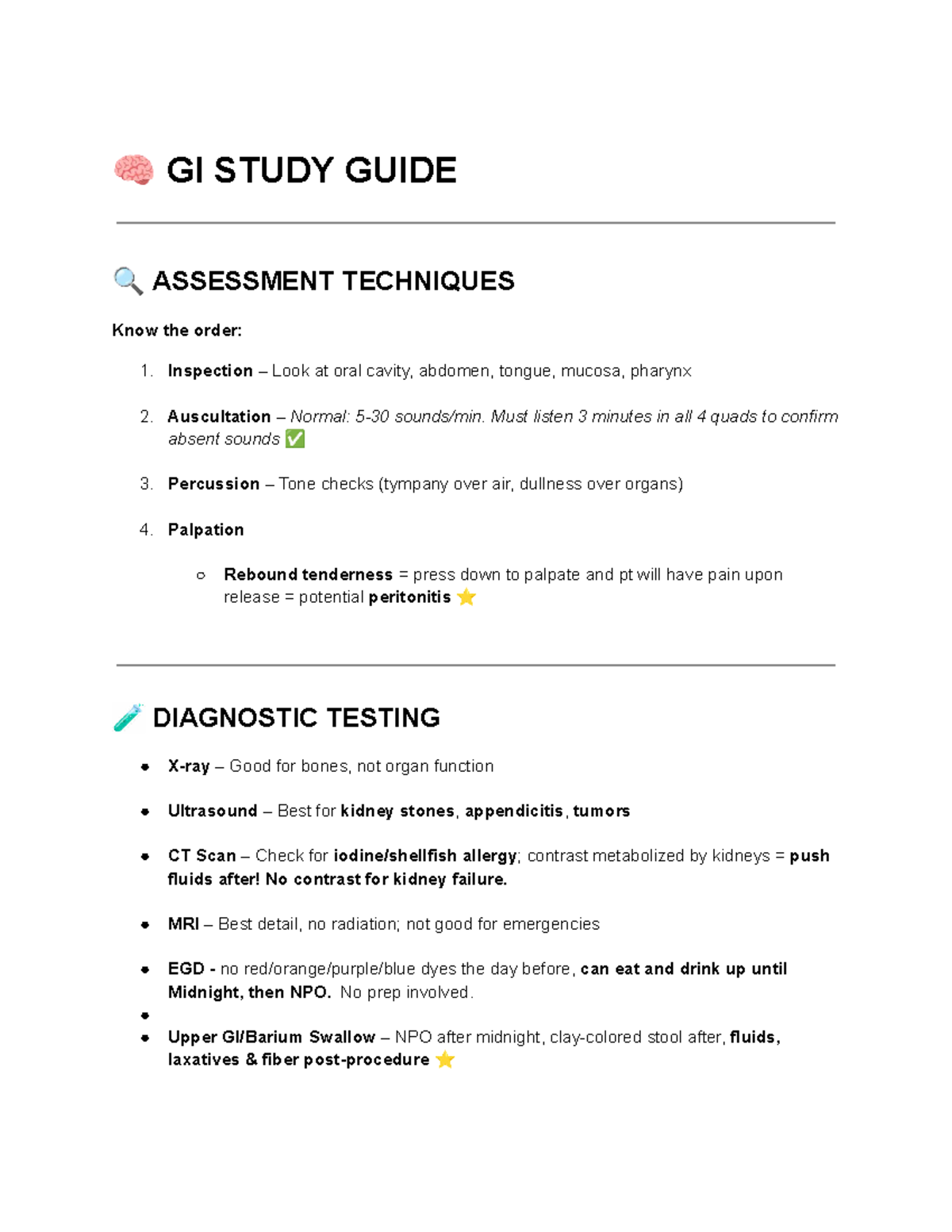 GI 101 final exam study guide: assessment techniques and disorders ...