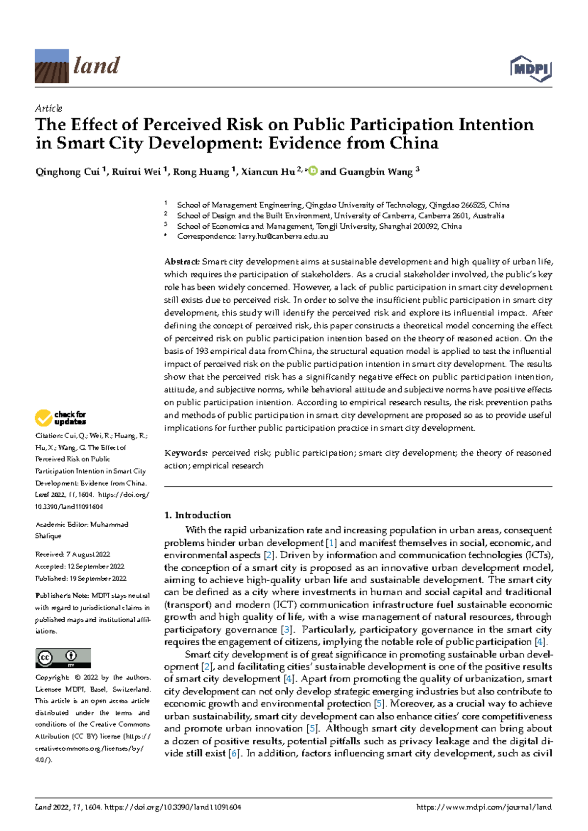 Land 2022, 11, 1604: Impact of Perceived Risk on Public Participation ...