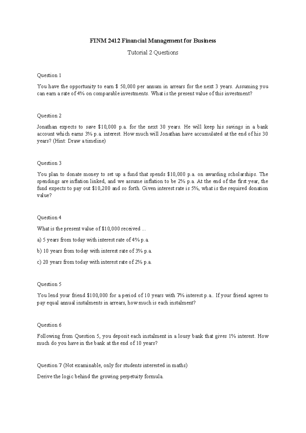 Tutorial 2 Questions - FINM 2412 Financial Management for Business ...