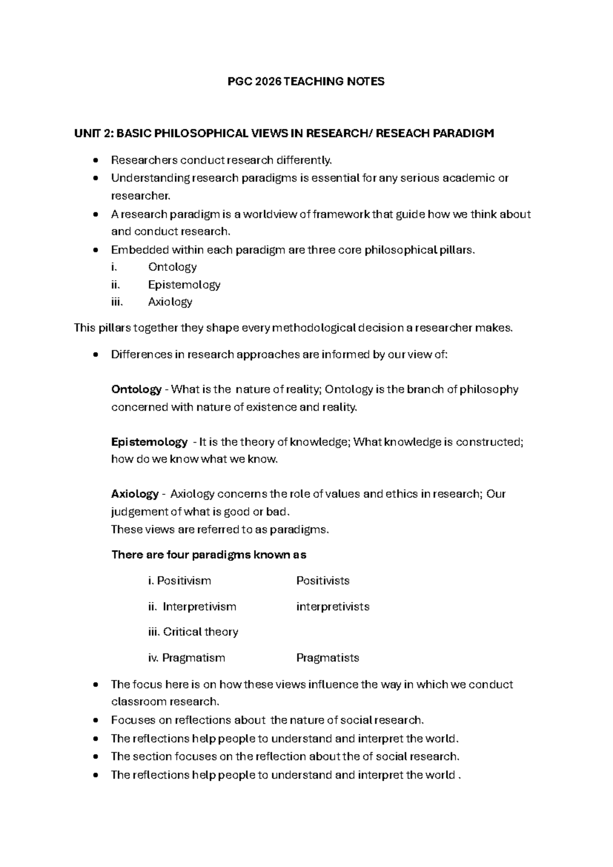 PGC 2026 Teaching Notes: Unit 2 - Philosophical Views in Research ...