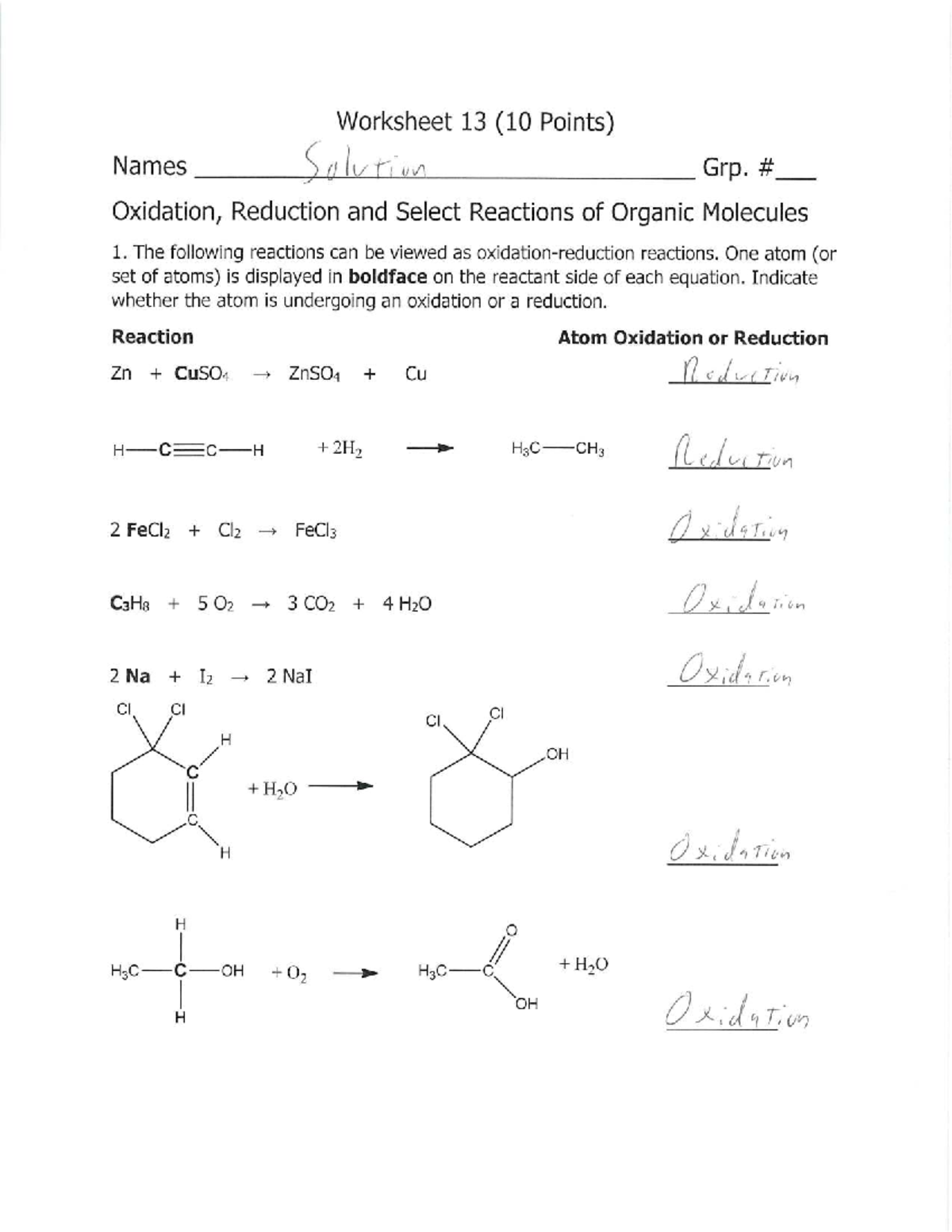 Worksheet 13 Solutions: Oxidation, Reduction & Reactions of Organic ...