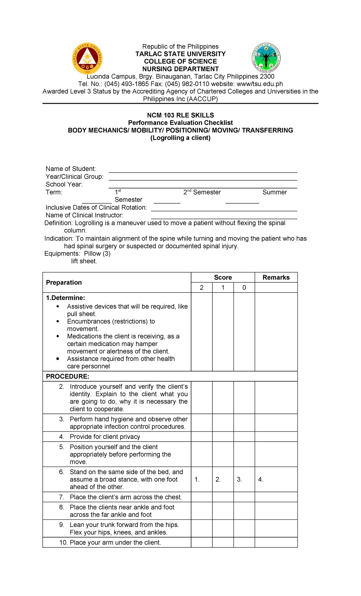 NCM 103 RLE Skills: Logrolling Client Performance Checklist - Studocu