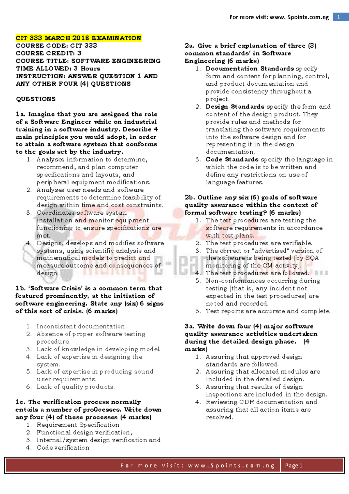 CIT333 March 2018 Software Engineering Exam Preparation Notes - Studocu