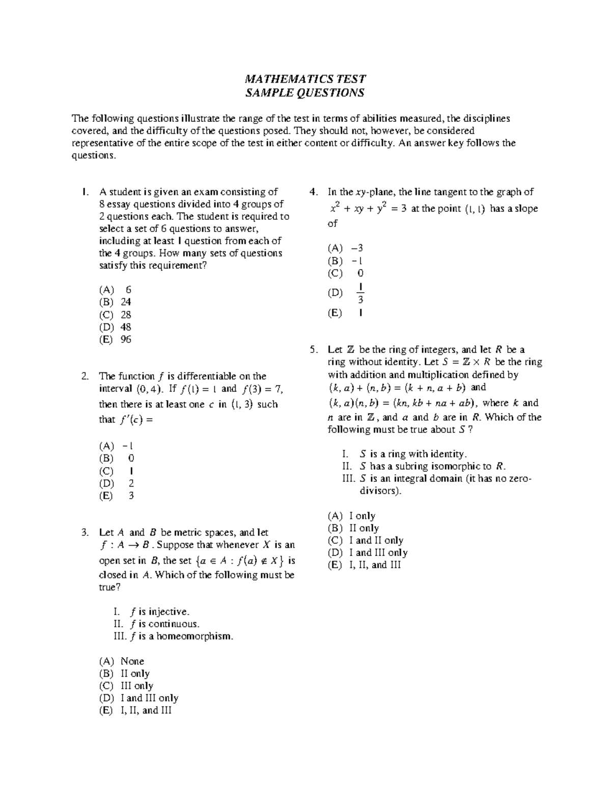 MFT Math II Sample Test Questions & Answer Key - Studocu