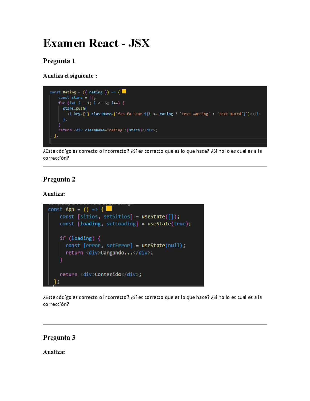 S14 - Examen React JSX: Análisis de Código Correcto o Incorrecto - Studocu