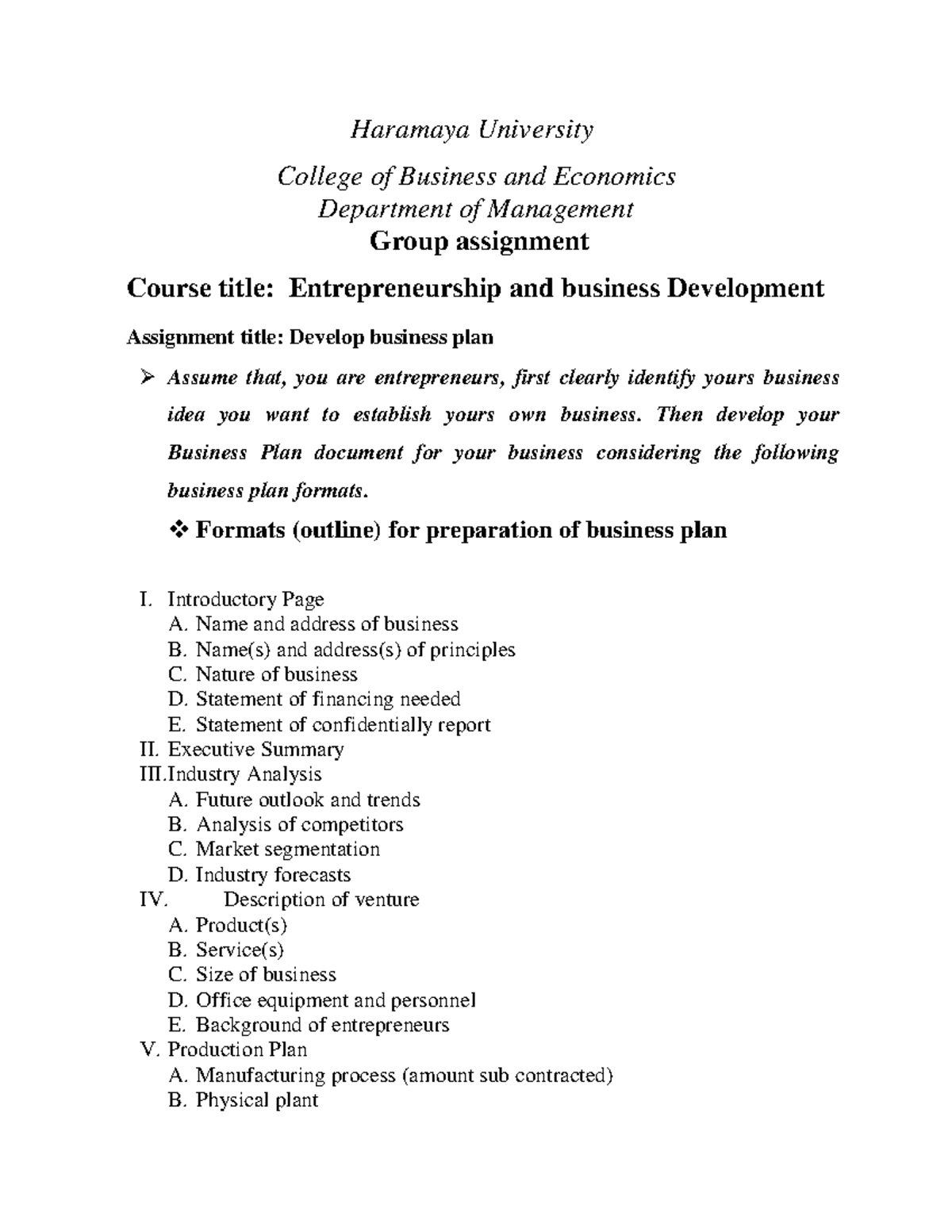 Entrepreneurship & Business Development: Business Plan Format ...