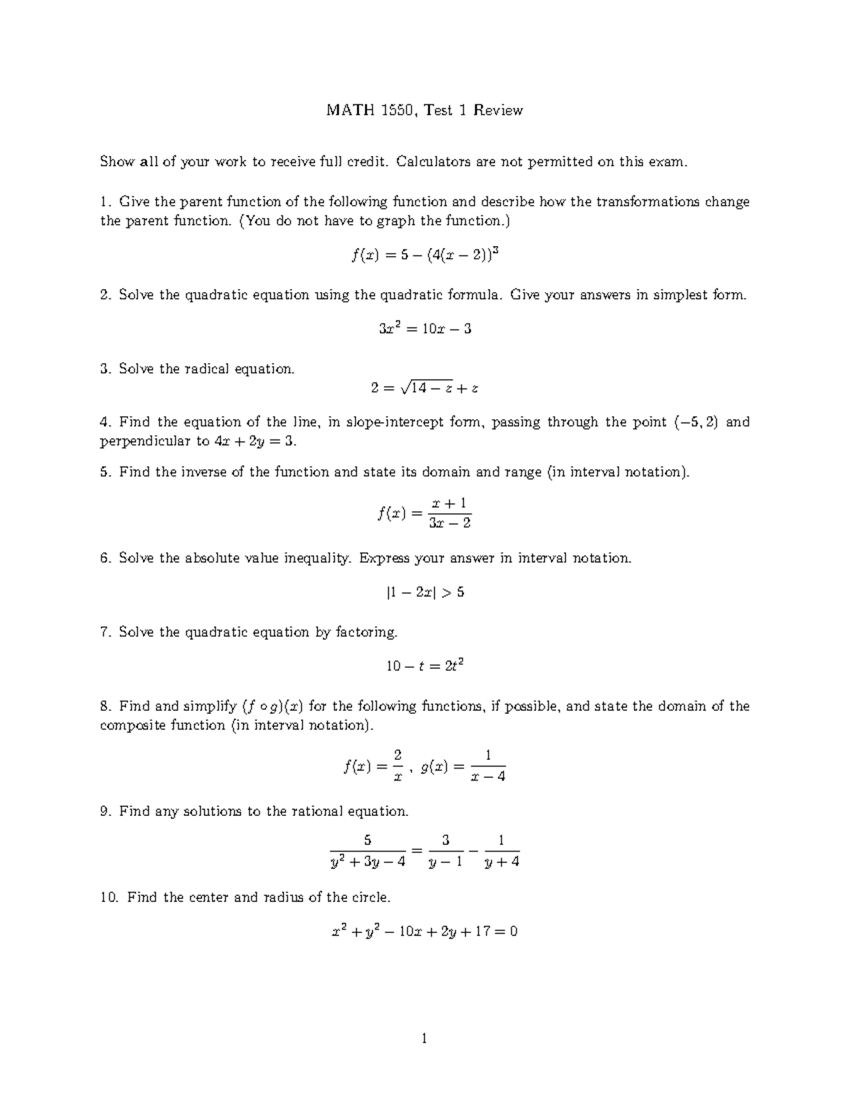 MATH 1550 Test 1 Review: Functions, Equations & Inequalities - Studocu