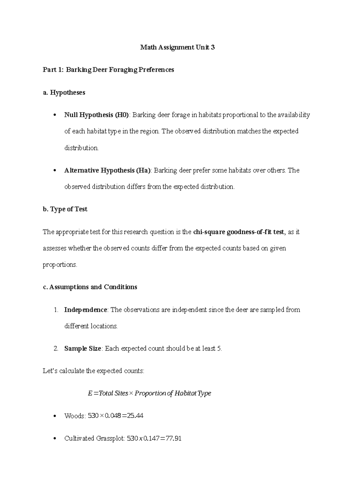 Math Assignment Unit 3 - Hypotheses Null Hypothesis (H0): Barking deer ...