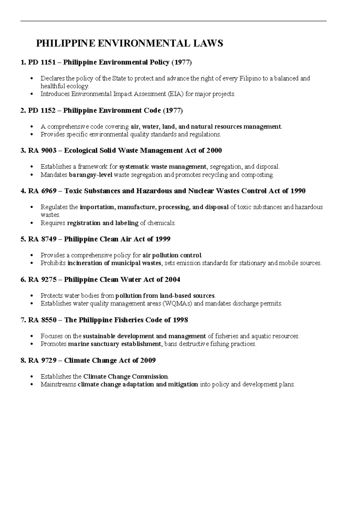 PHILIPPINE ENVIRONMENTAL LAWS: Key Policies & Regulations Notes - Studocu