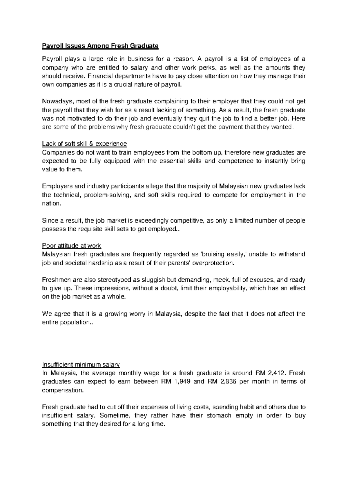 MGT340 study case - Payroll Issues Among Fresh Graduate Payroll plays a ...
