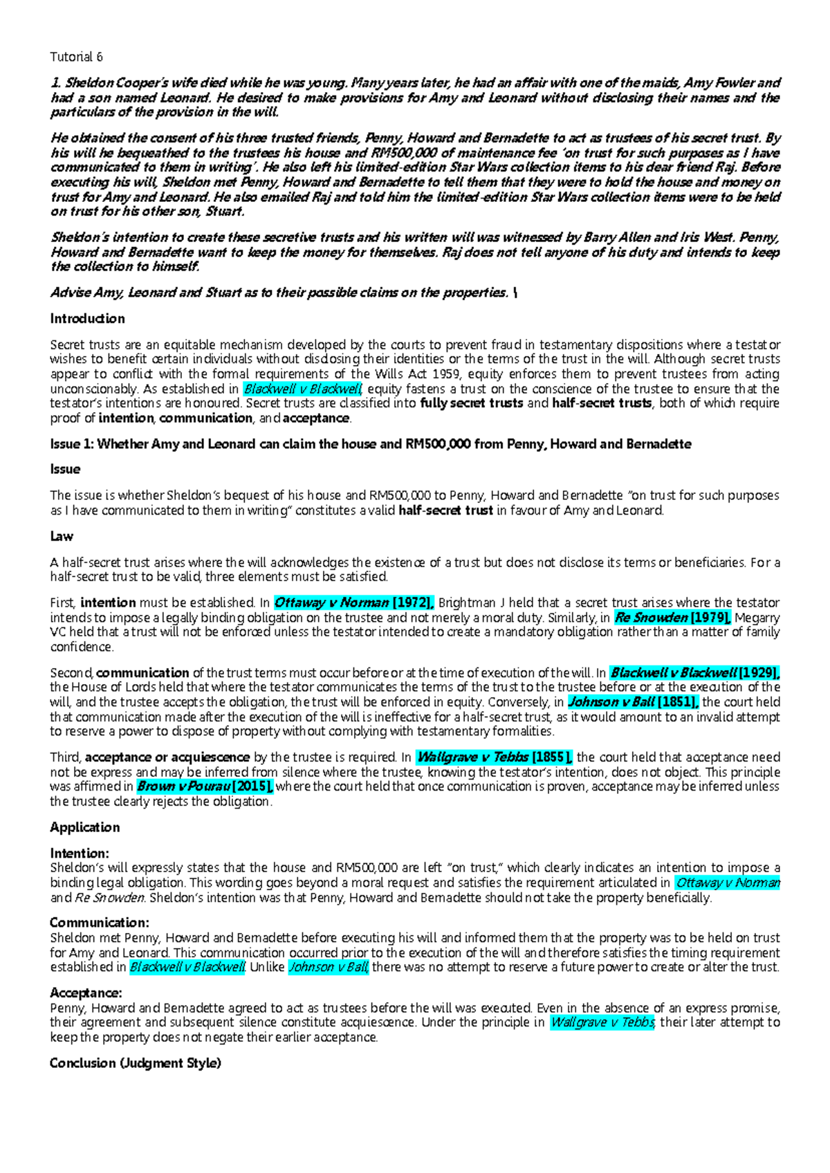 Tutorial 6: Secret Trusts Analysis and Legal Implications - Studocu
