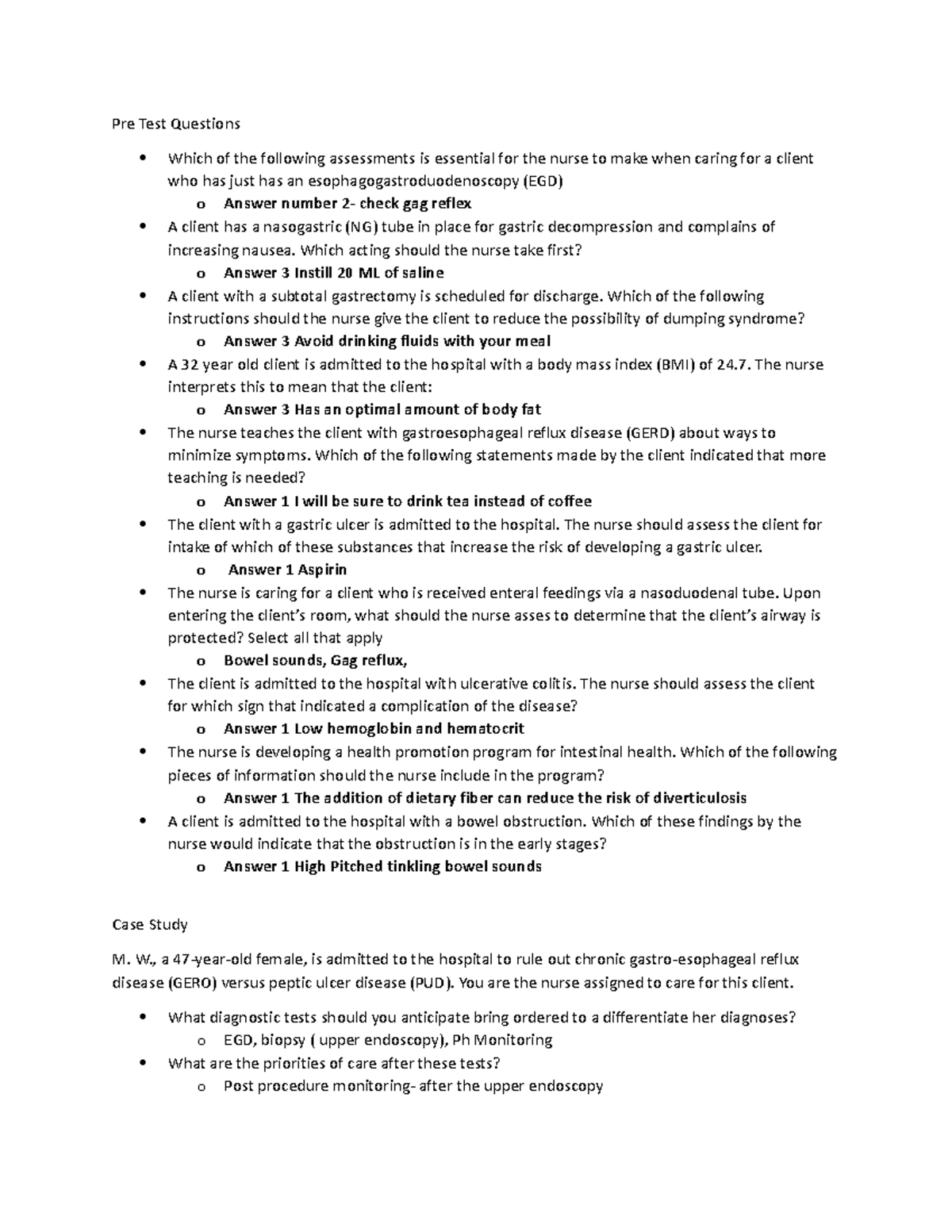 GI Pre Test Questions and Case Study for Nursing Care - Studocu