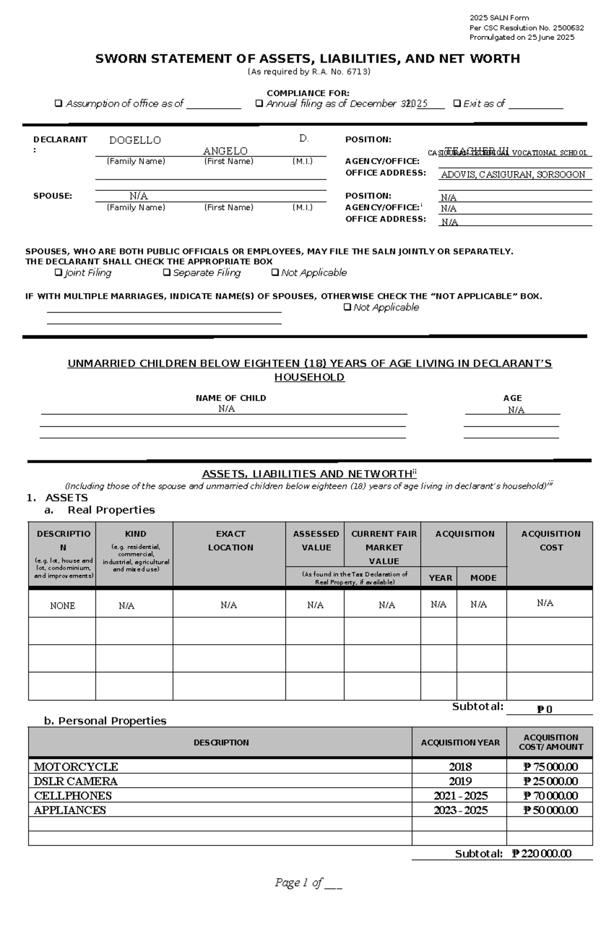 2025 SALN Form Guidelines per CSC Resolution No. 2500632 - Studocu