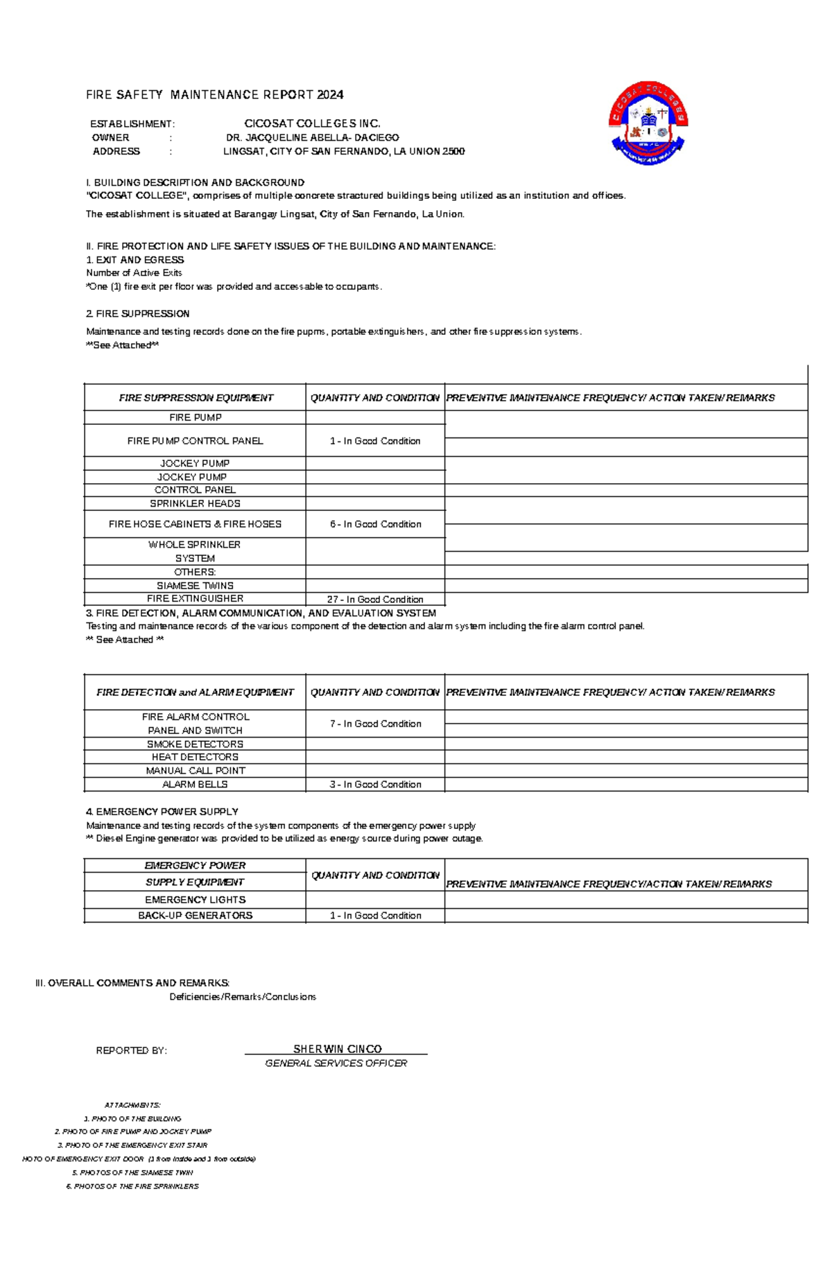FIRE SAFETY MAINTENANCE REPORT 2024 - CICOSAT COLLEGES INC. - Studocu
