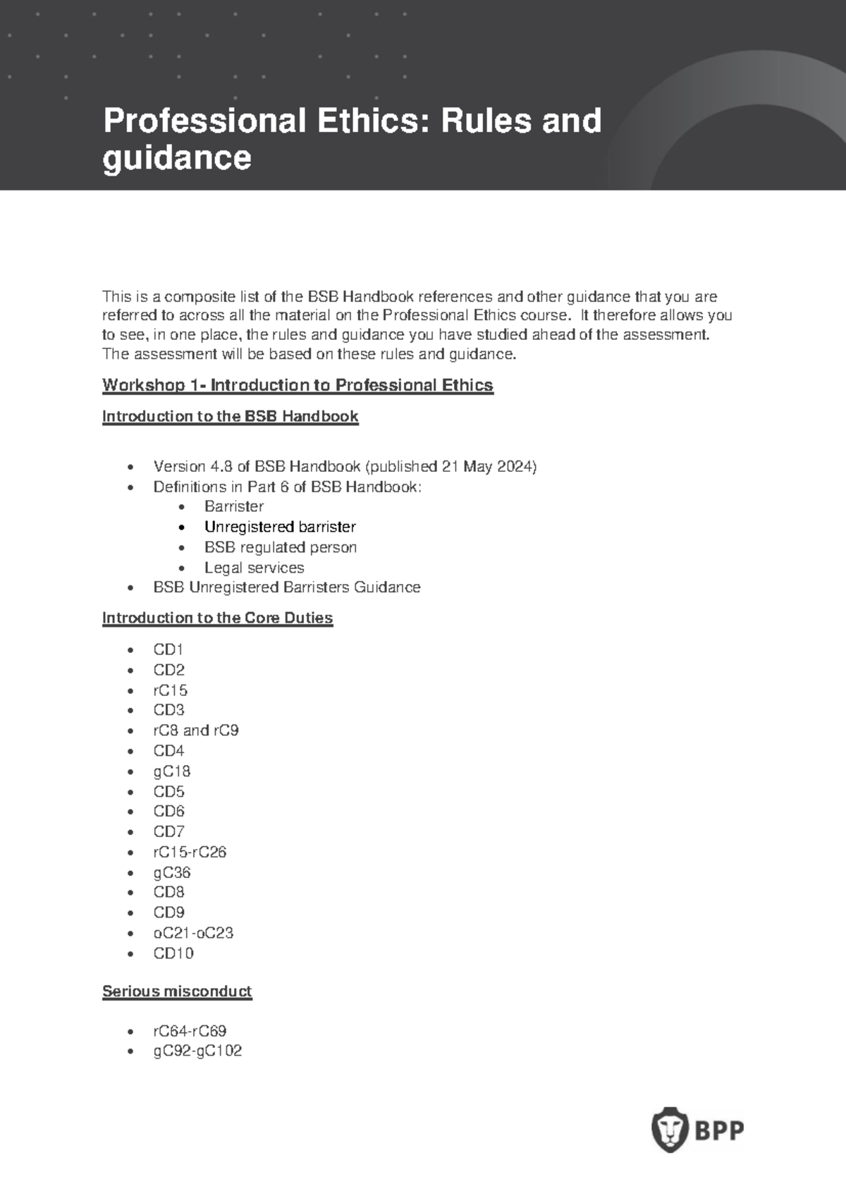 Professional Ethics (Course Code: BSB) - Rules & Guidance Overview ...