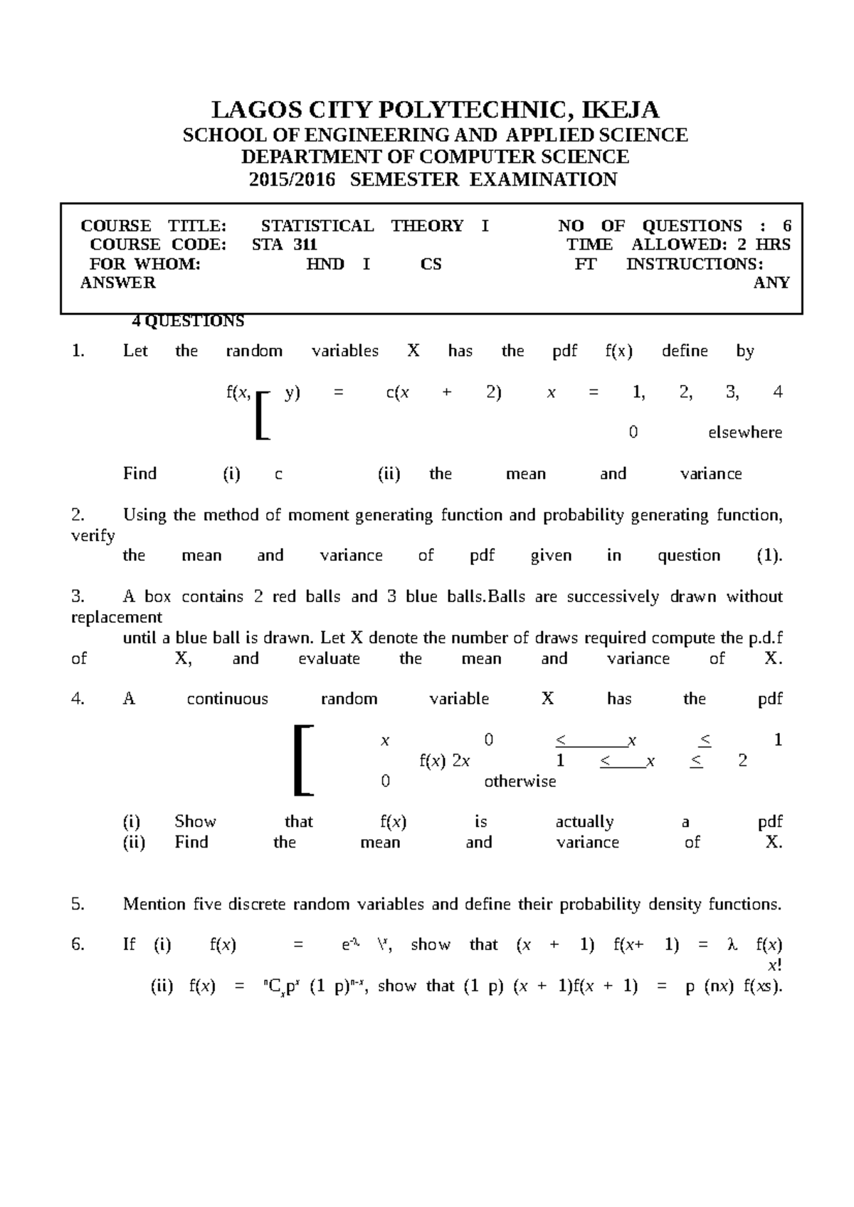 Statistical Theory I STA 311 HND I CS FT - Semester Exam Questions ...