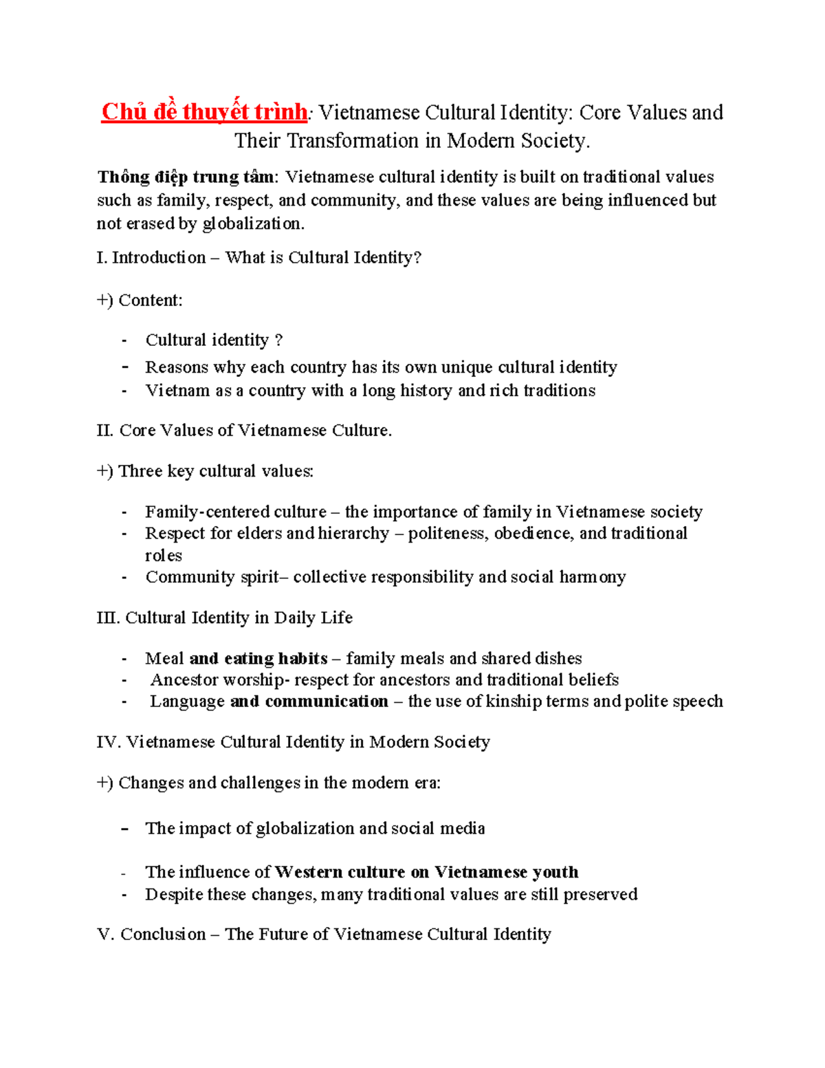 Chủ đề thuyết trình: Vietnamese Cultural Identity & Core Values - Studocu