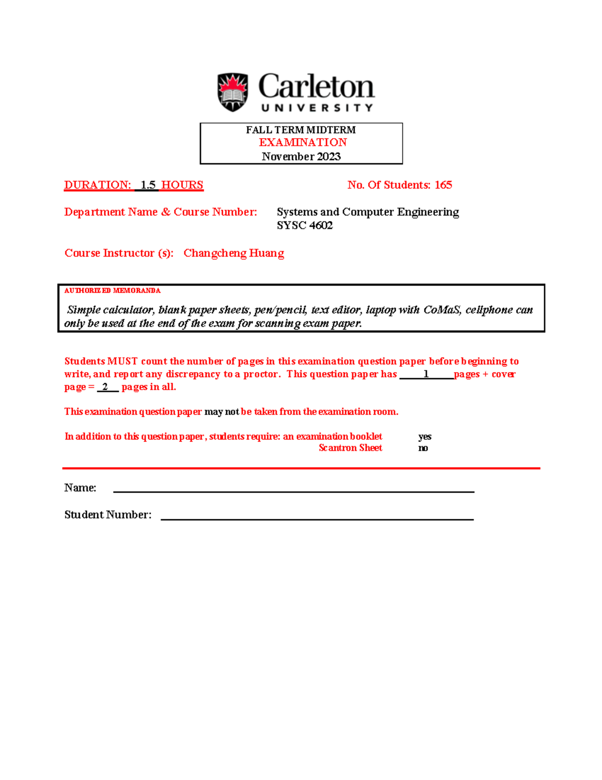 SYSC4602 Fall 2023 Midterm Exam Instructions & Guidelines - Studocu